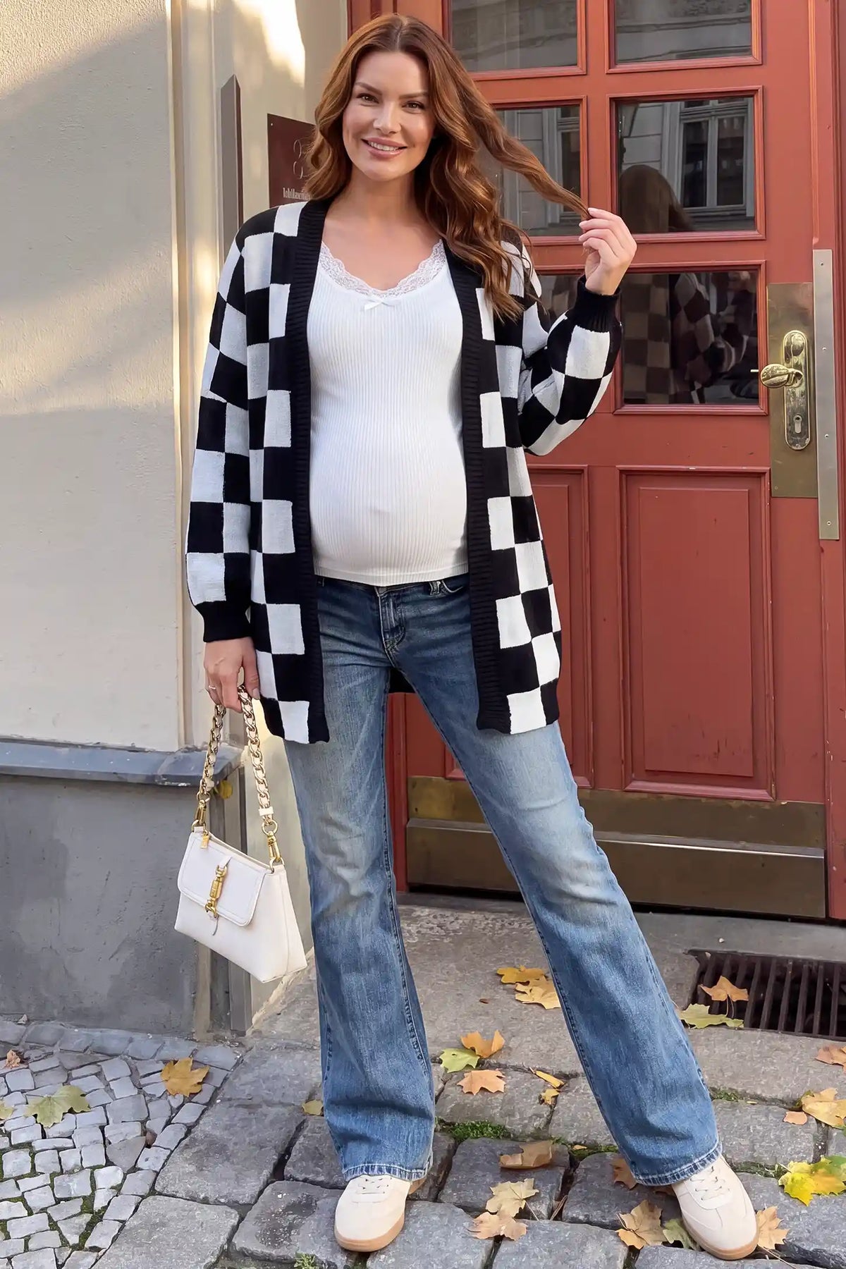 Contrast Checkerboard Open Front Knit Maternity Cardigan