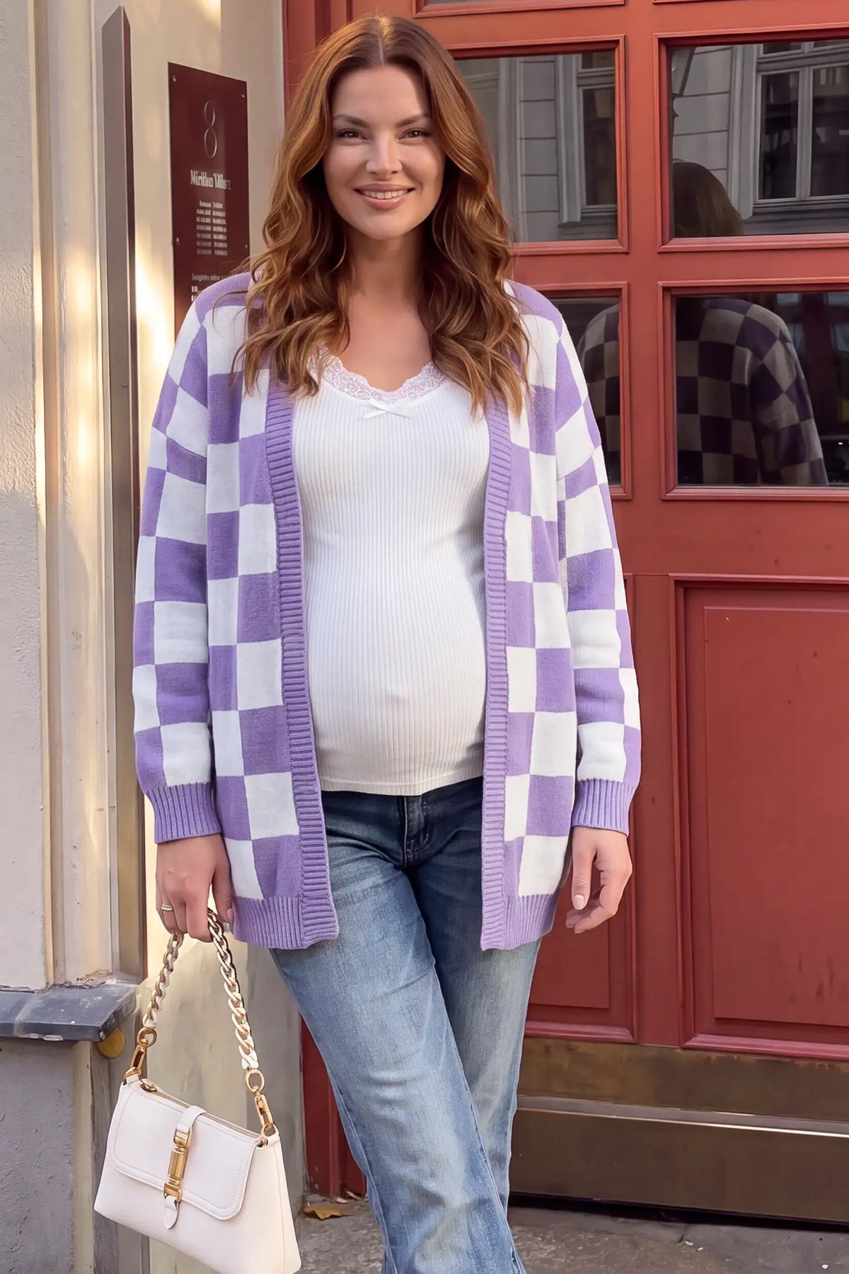 Contrast Checkerboard Open Front Knit Maternity Cardigan