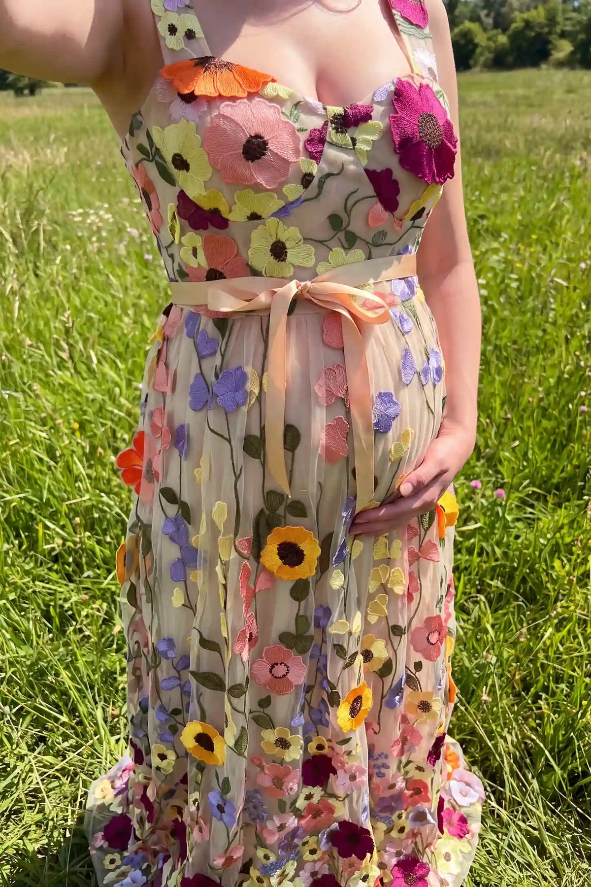 3D Floral Embroidery U Neck Maternity Maxi Dress