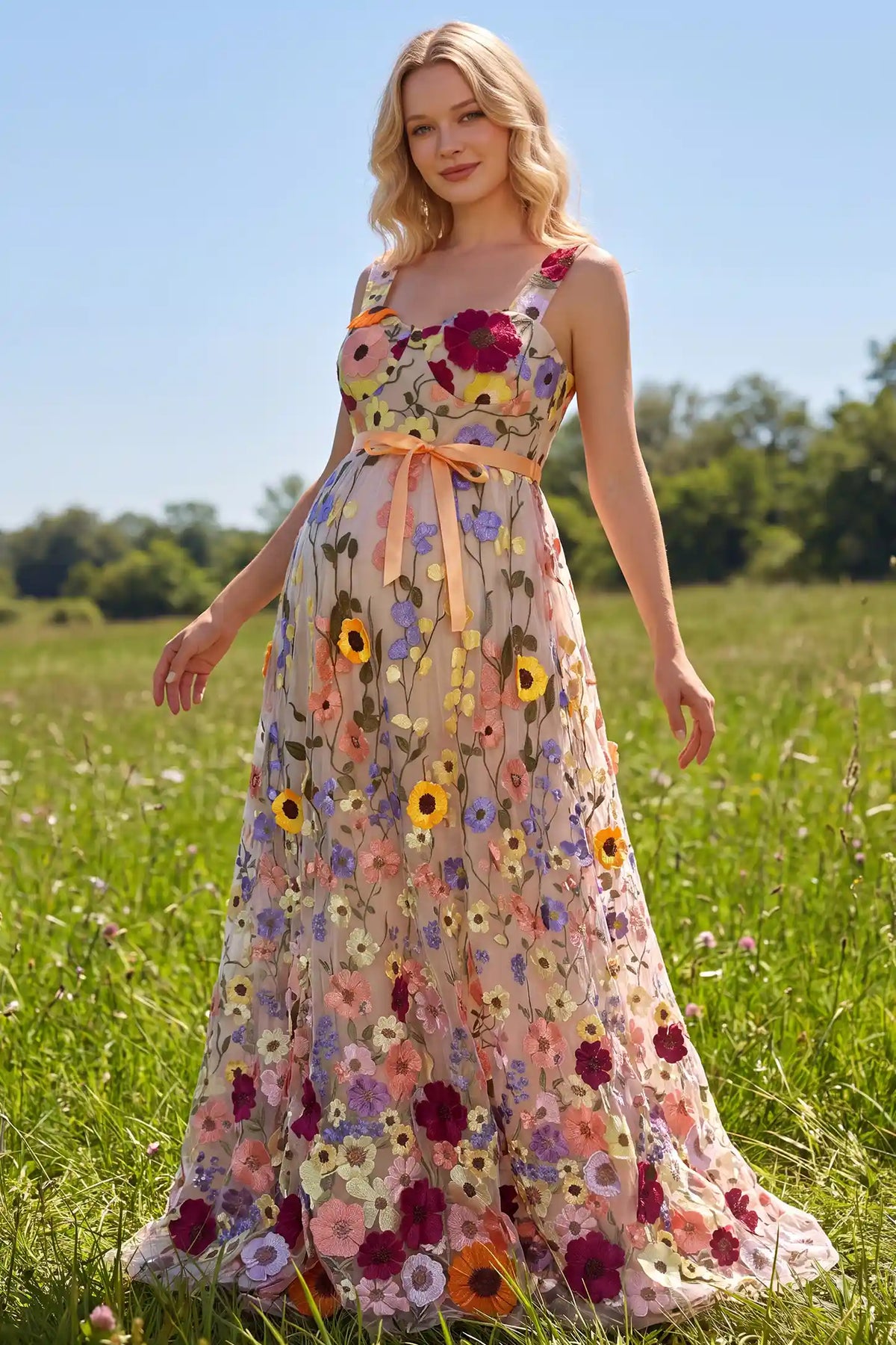 3D Floral Embroidery U Neck Maternity Maxi Dress