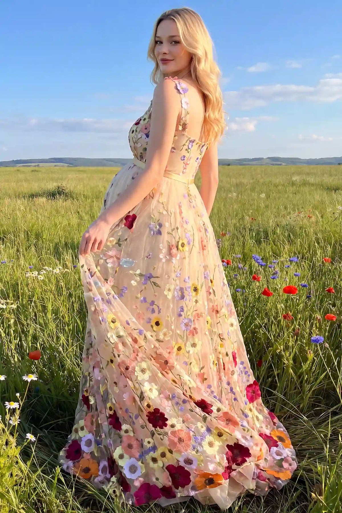 3D Floral Embroidery U Neck Maternity Maxi Dress