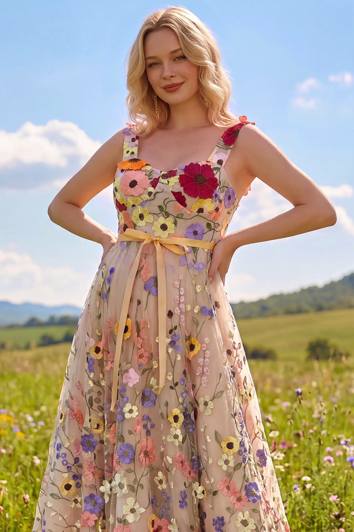 3D Floral Embroidery U Neck Maternity Maxi Dress