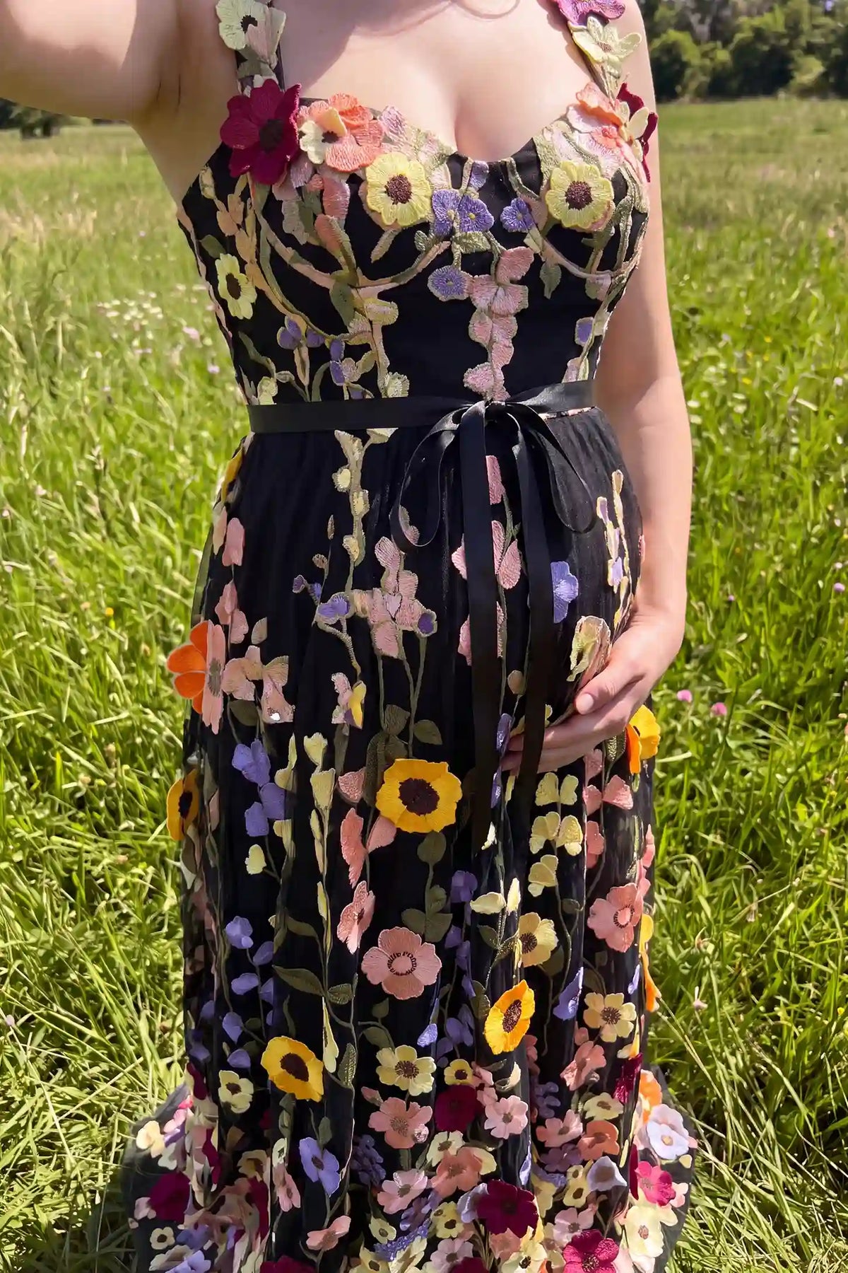 3D Floral Embroidery U Neck Maternity Maxi Dress