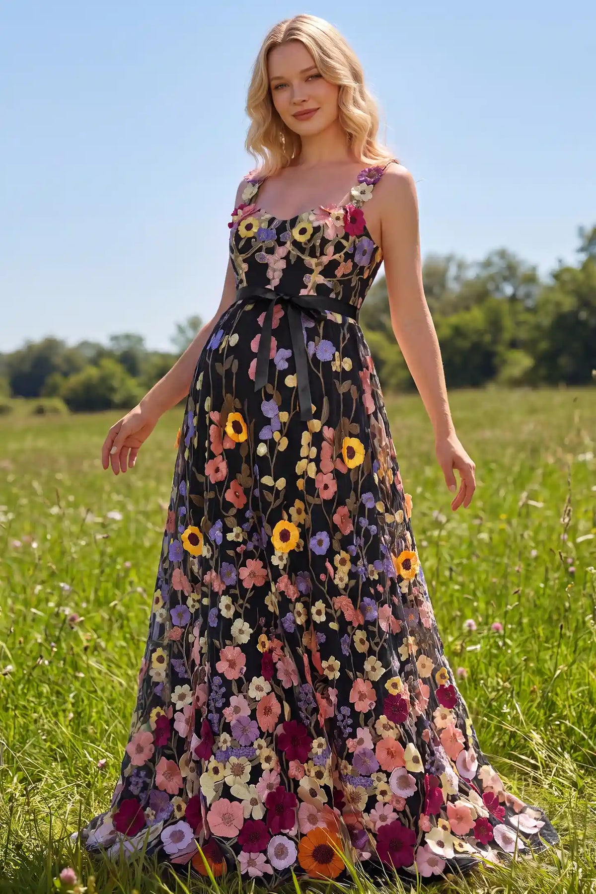3D Floral Embroidery U Neck Maternity Maxi Dress