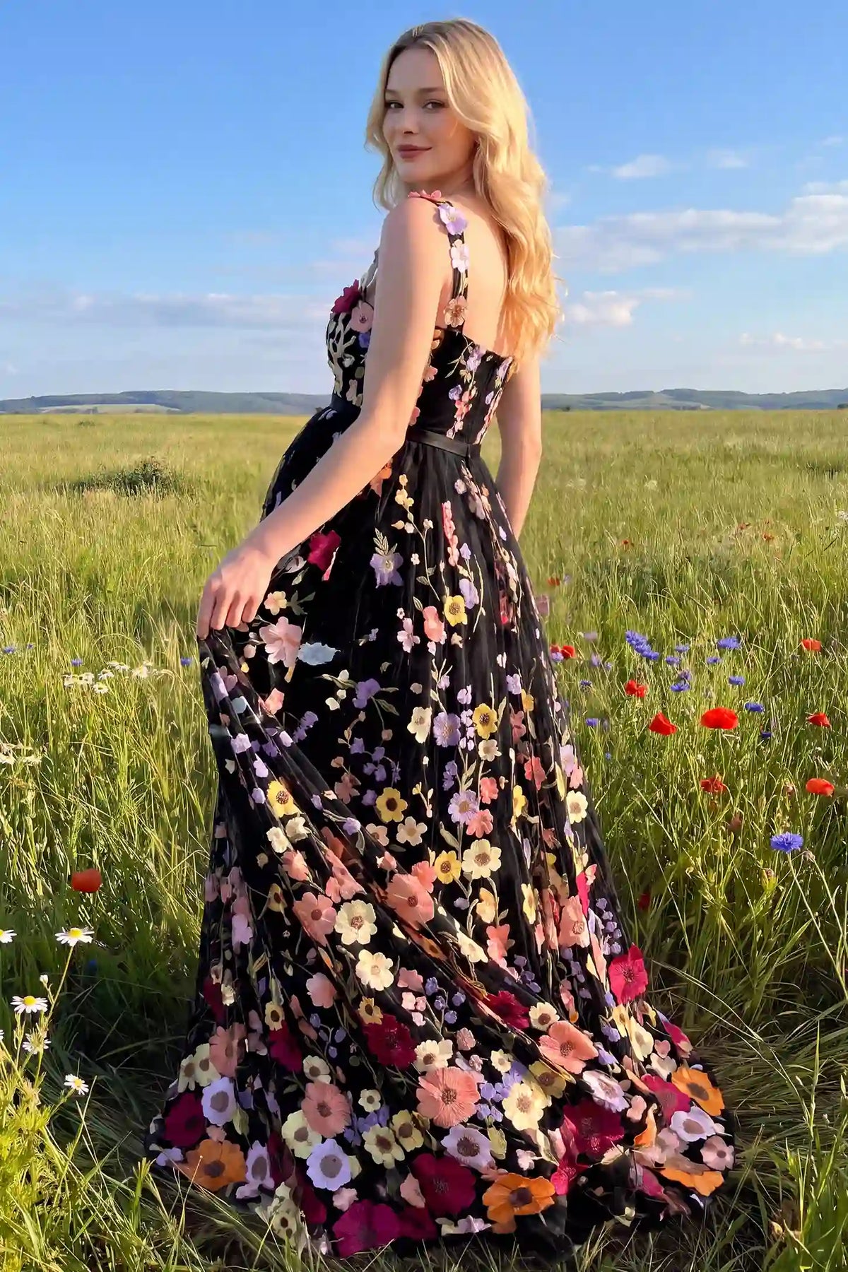 3D Floral Embroidery U Neck Maternity Maxi Dress
