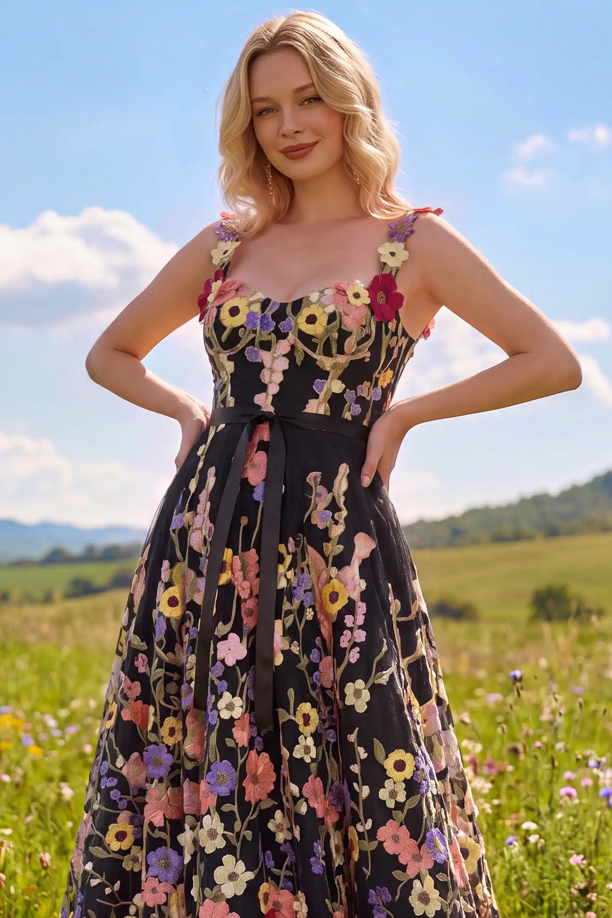 3D Floral Embroidery U Neck Maternity Maxi Dress