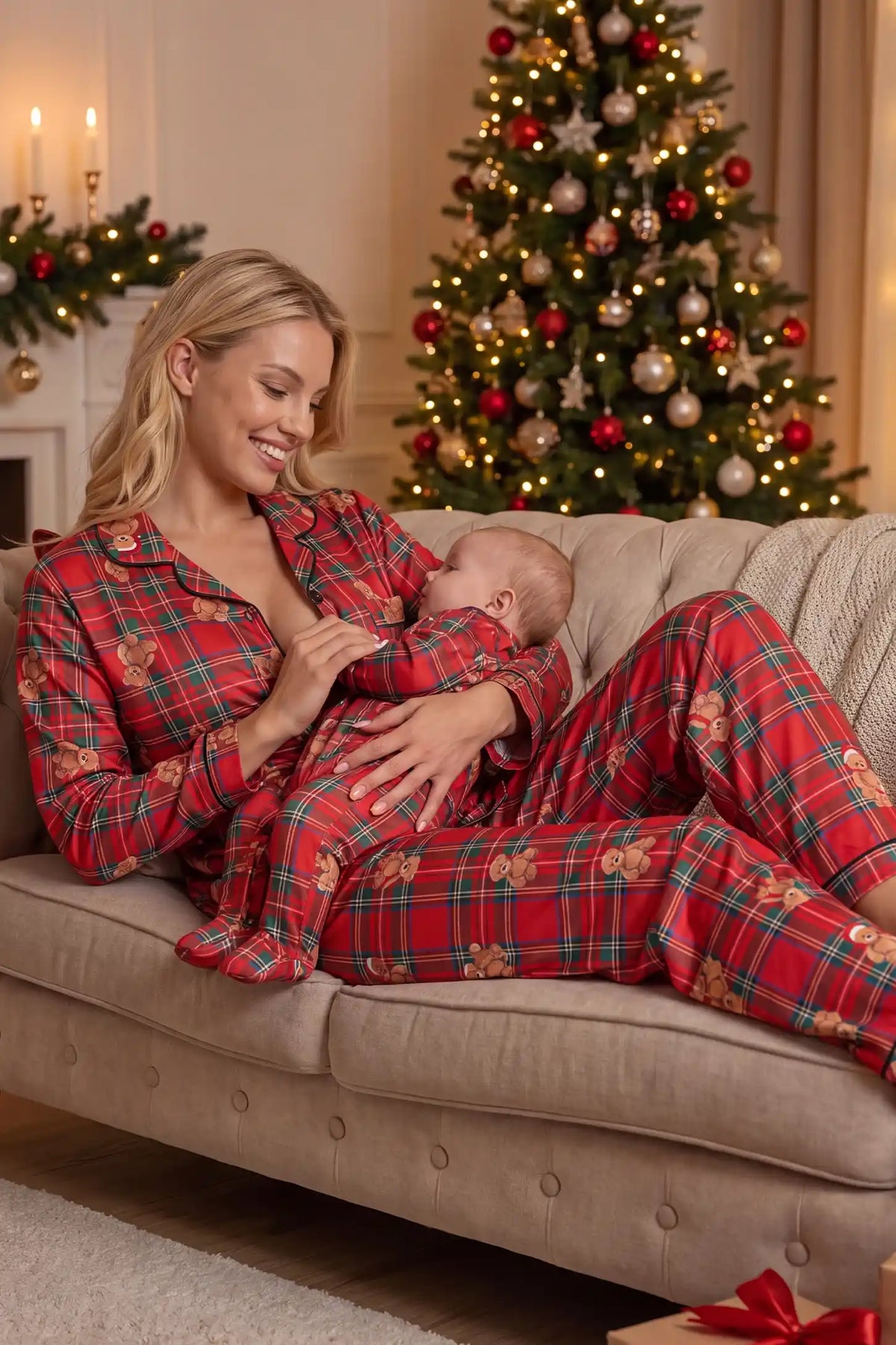 Bear Plaid Button-Front Maternity Pajama Set