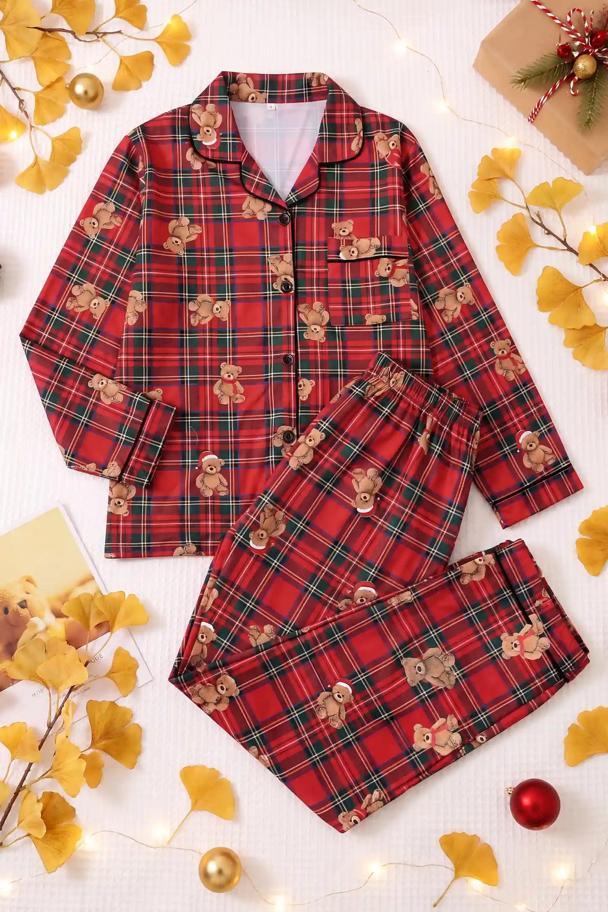 Bear Plaid Button-Front Maternity Pajama Set