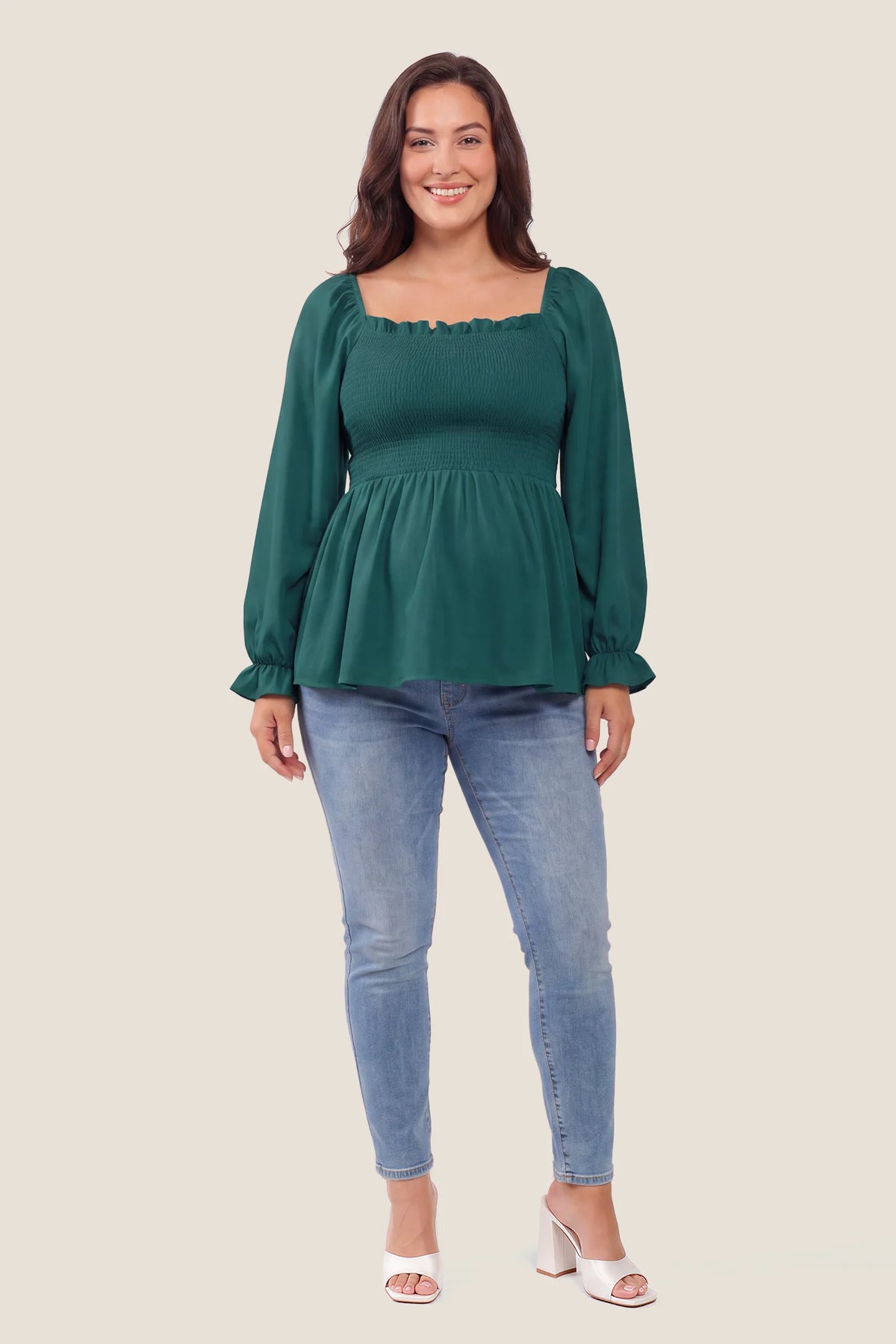 Smocked Convertible Neckline Bishop Sleeve Maternity Top