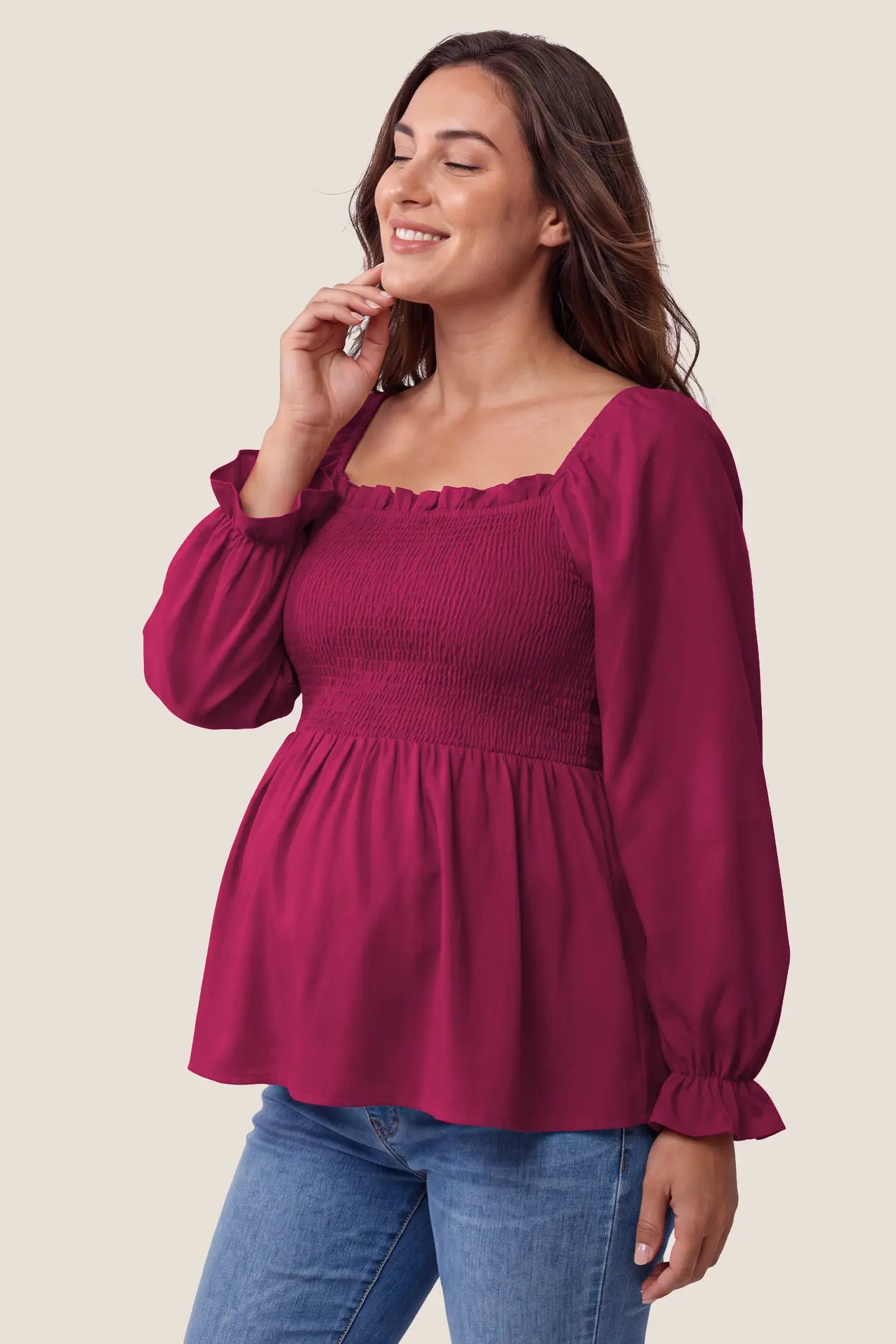 Smocked Convertible Neckline Bishop Sleeve Maternity Top