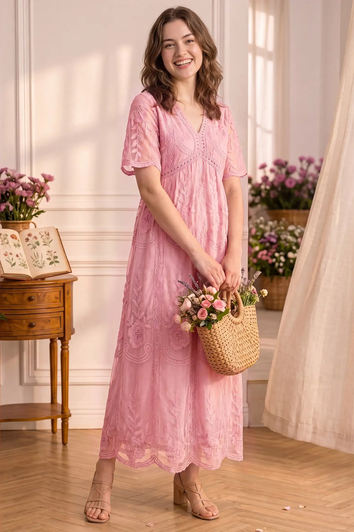 Lace Short Sheer Sleeve Maternity Maxi Dress