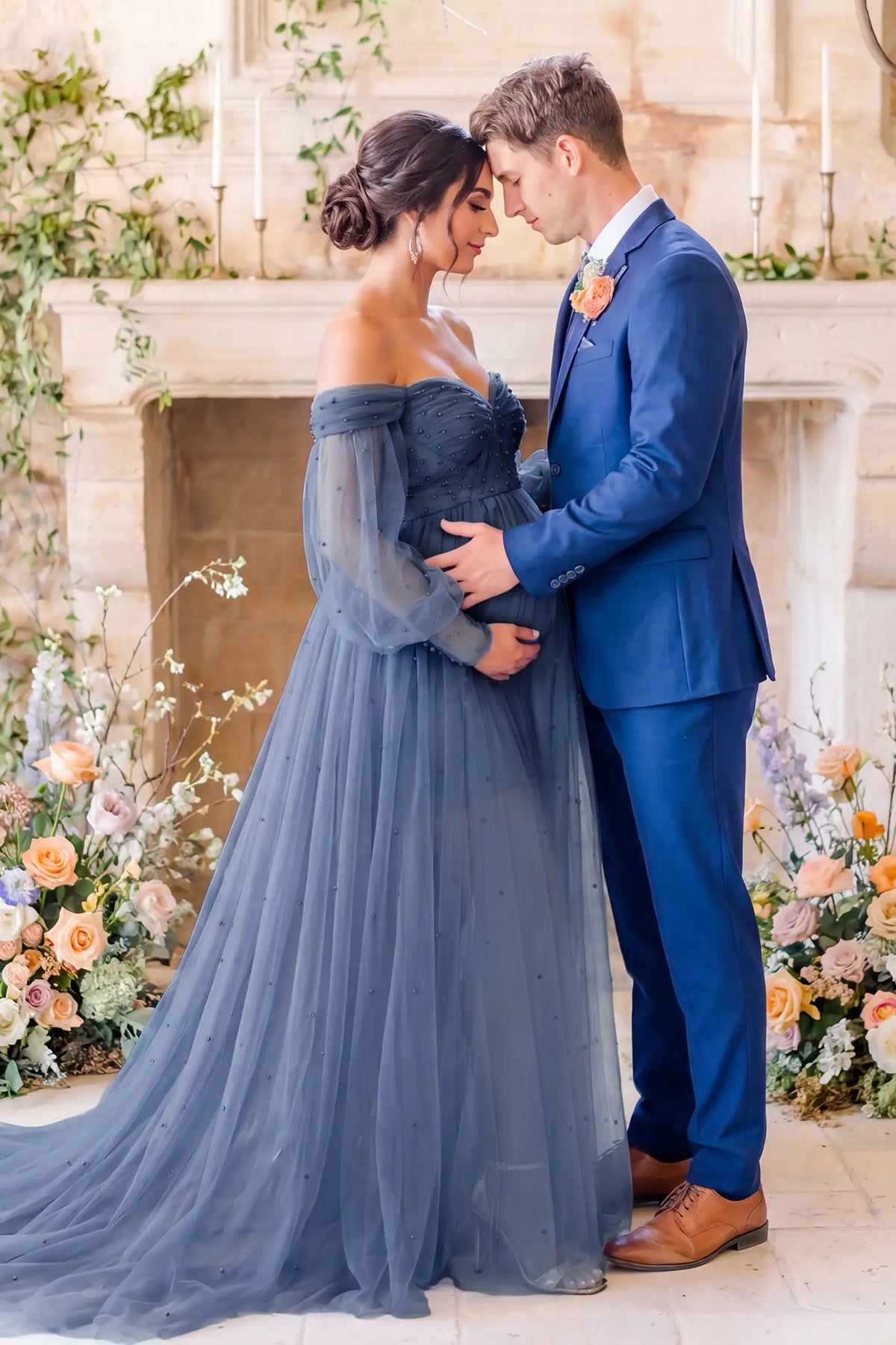 Off-Shoulder Empire Waist Tulle Maternity Gown