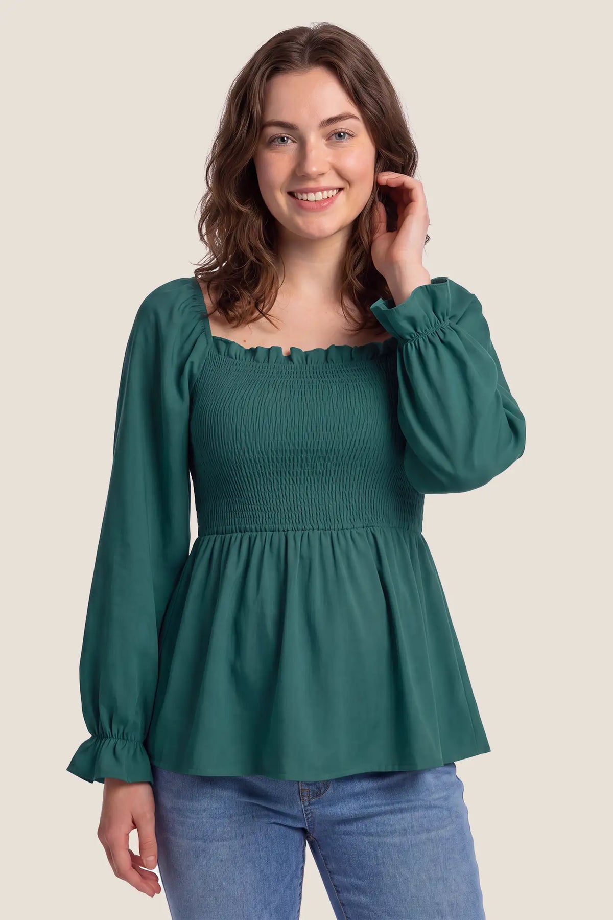 Smocked Convertible Neckline Bishop Sleeve Maternity Top