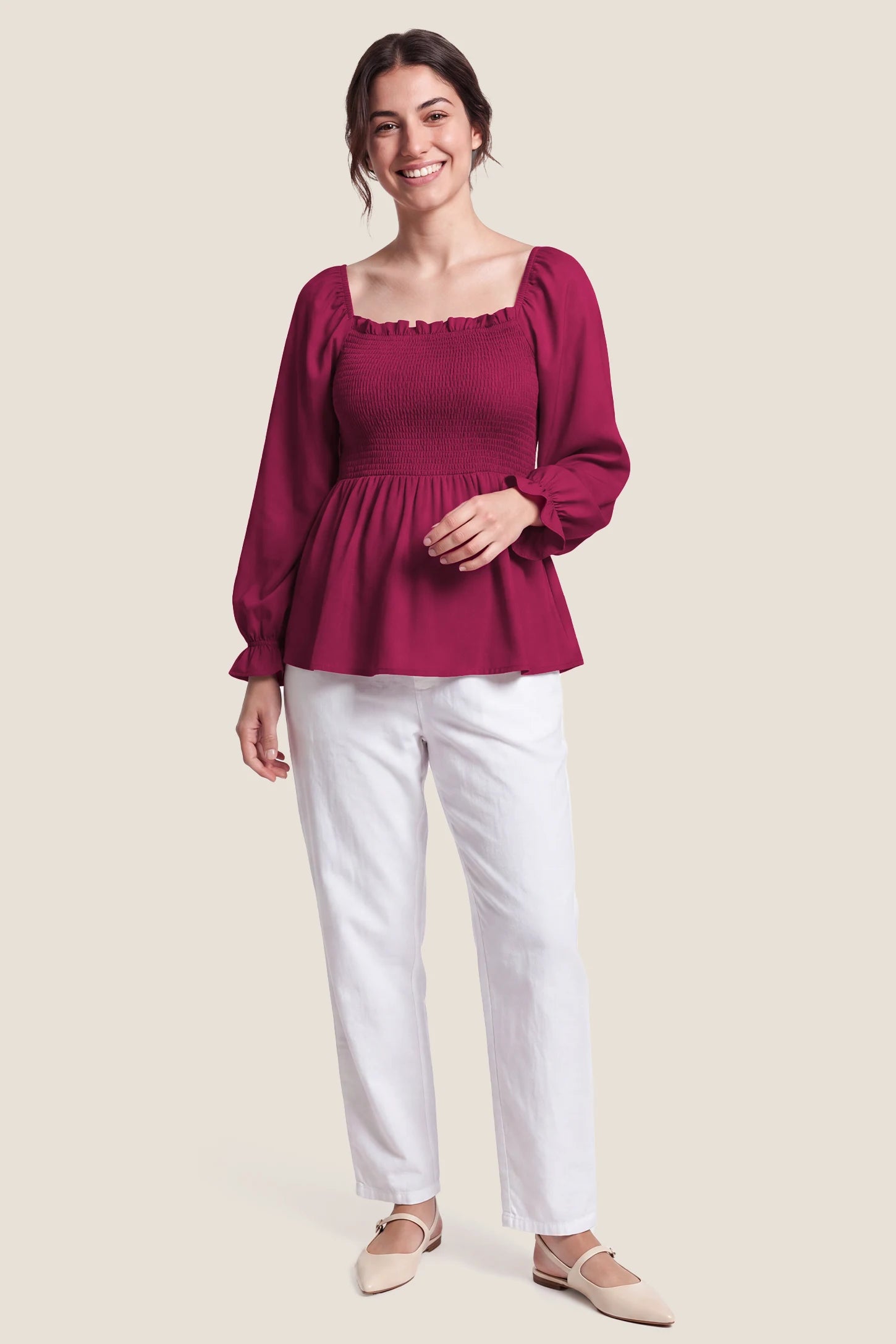 Smocked Convertible Neckline Bishop Sleeve Maternity Top