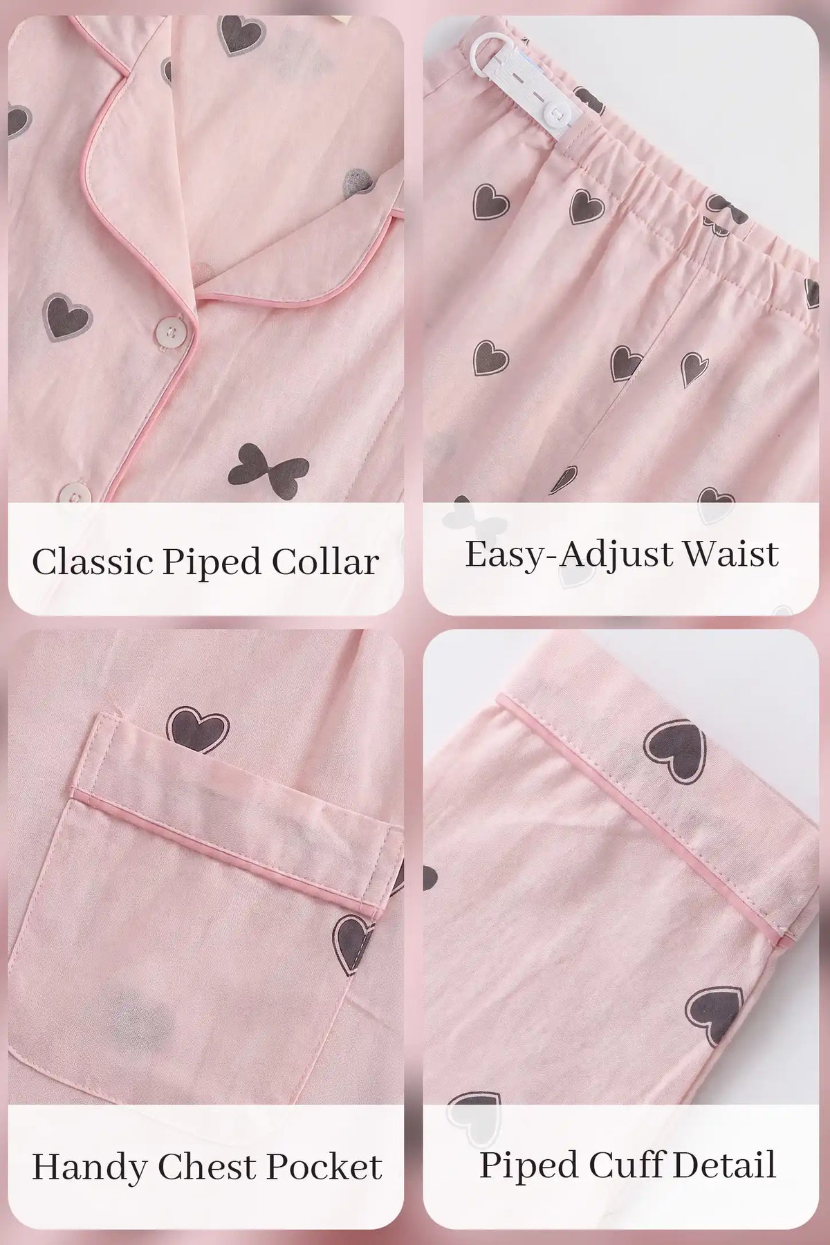 Pink Heart Cotton Gauze Side-Access Nursing Set