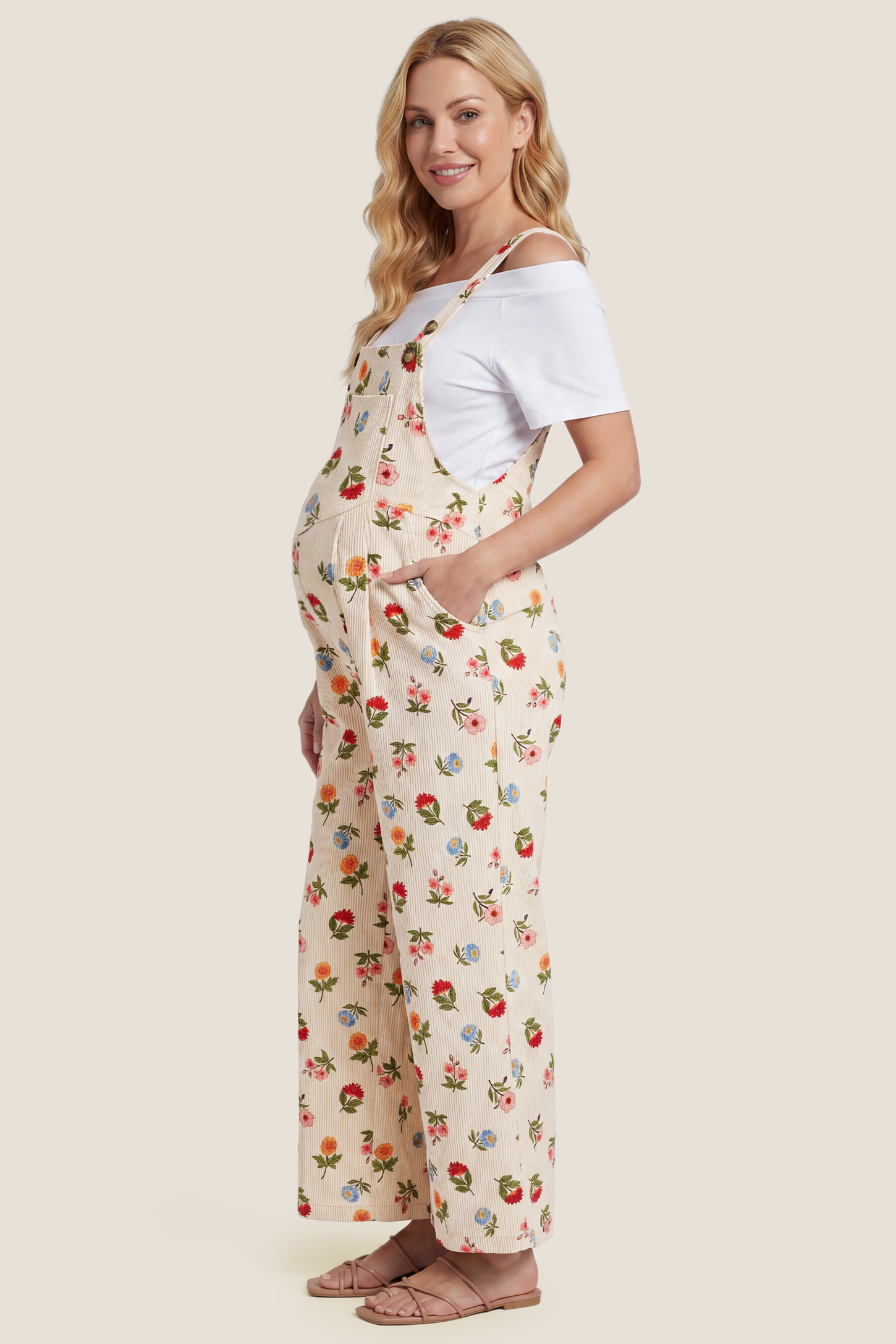 Adjustable Strap Pocket  Floral Maternity Overalls
