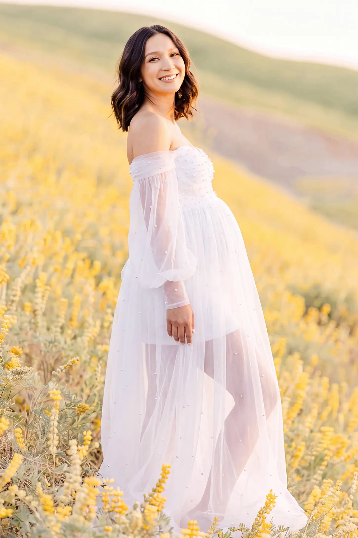 Off-Shoulder Empire Waist Tulle Maternity Gown