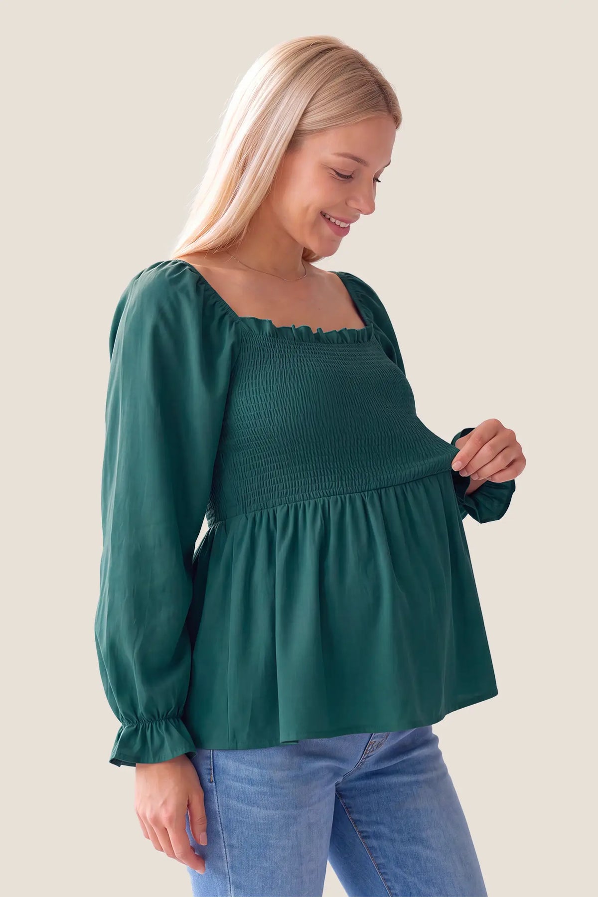 Smocked Convertible Neckline Bishop Sleeve Maternity Top