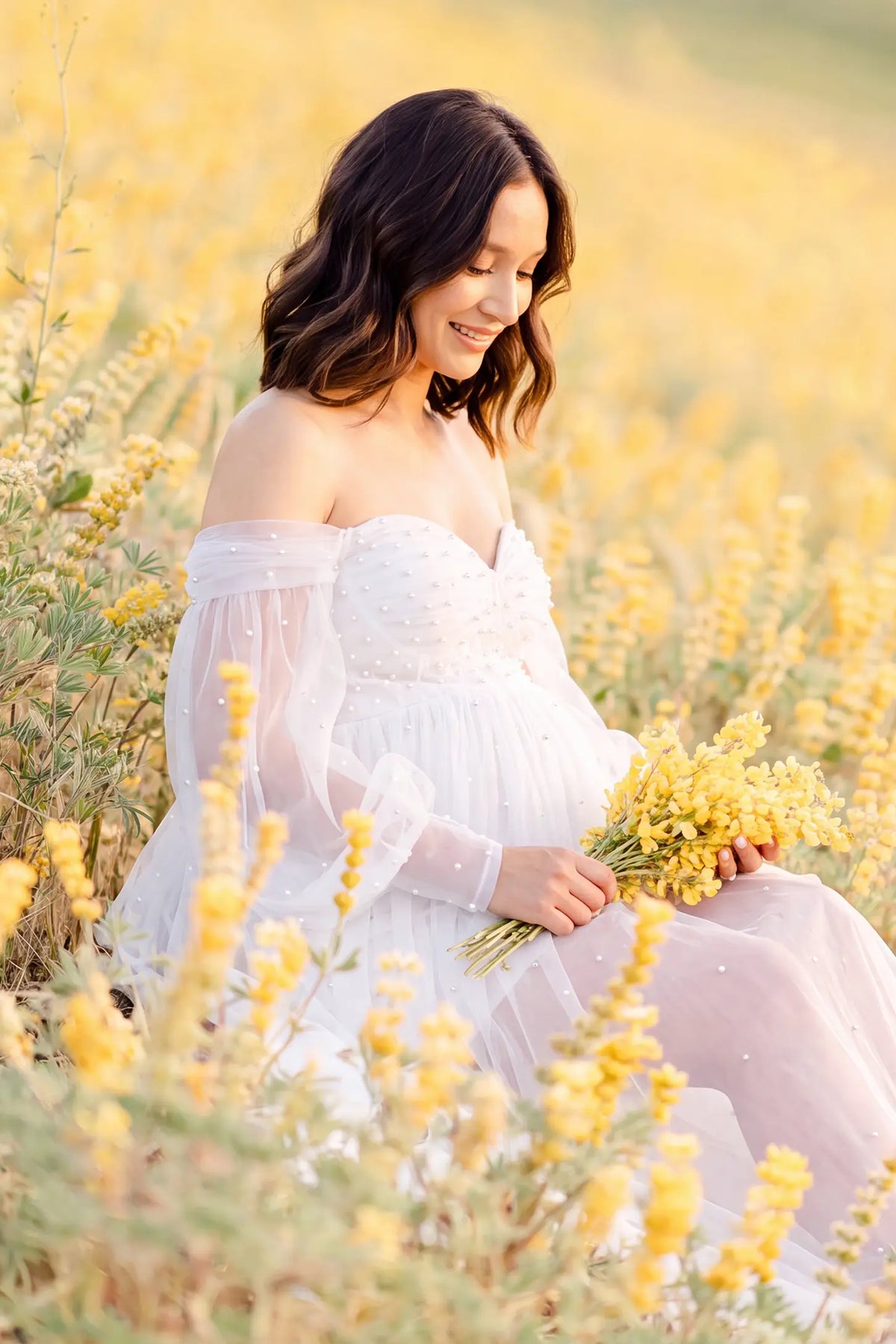 Off-Shoulder Empire Waist Tulle Maternity Gown