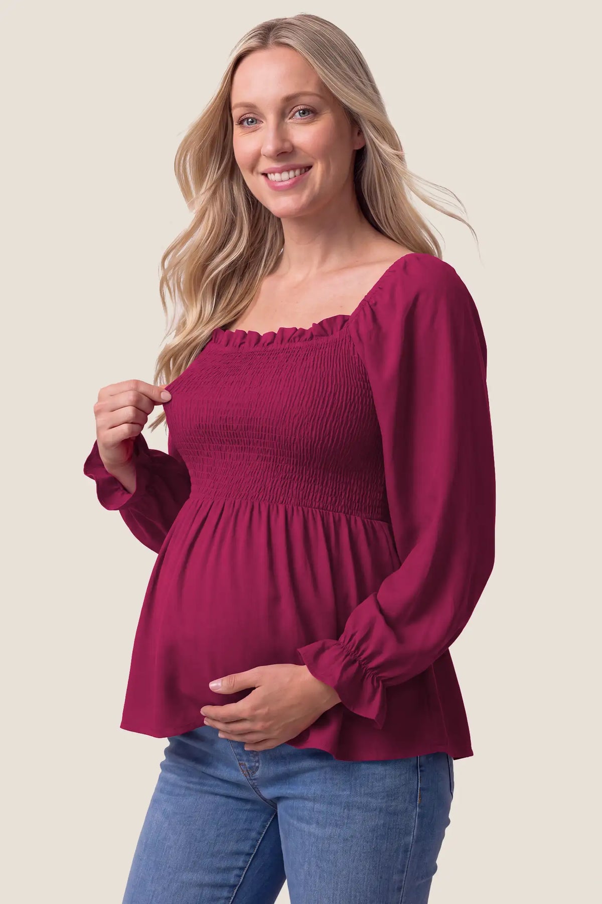 Smocked Convertible Neckline Bishop Sleeve Maternity Top