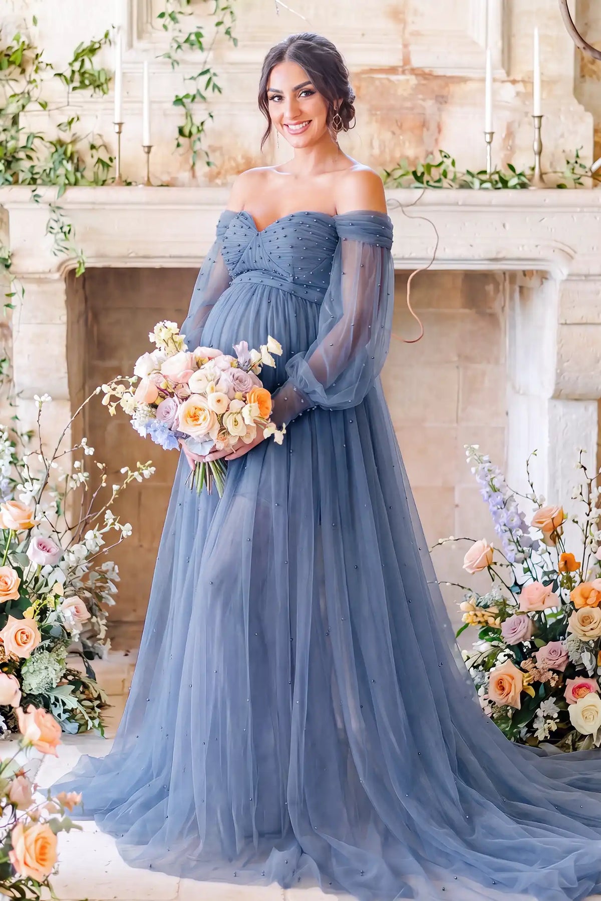 Off-Shoulder Empire Waist Tulle Maternity Gown