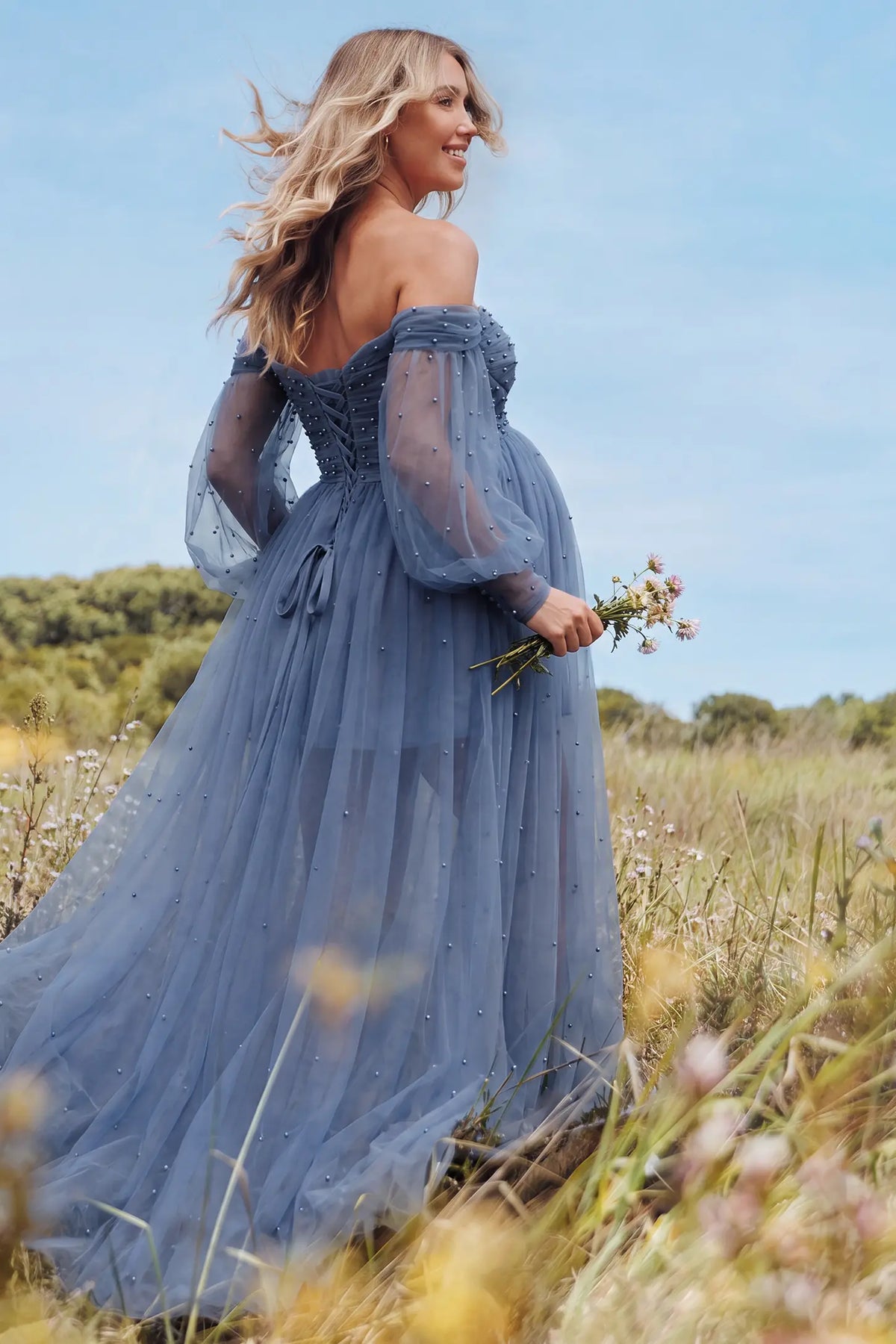 Off-Shoulder Empire Waist Tulle Maternity Gown
