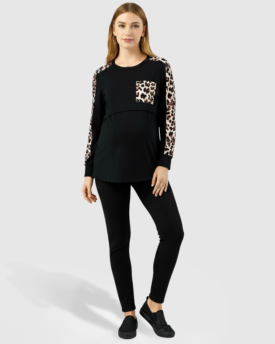 Leopard Pattern Long Sleeve & Pocket Nursing Maternity Top
