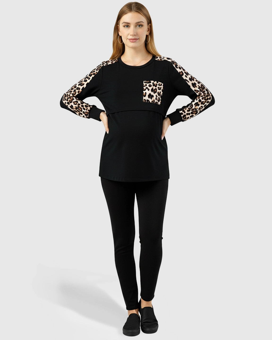 Leopard Pattern Long Sleeve & Pocket Nursing Maternity Top