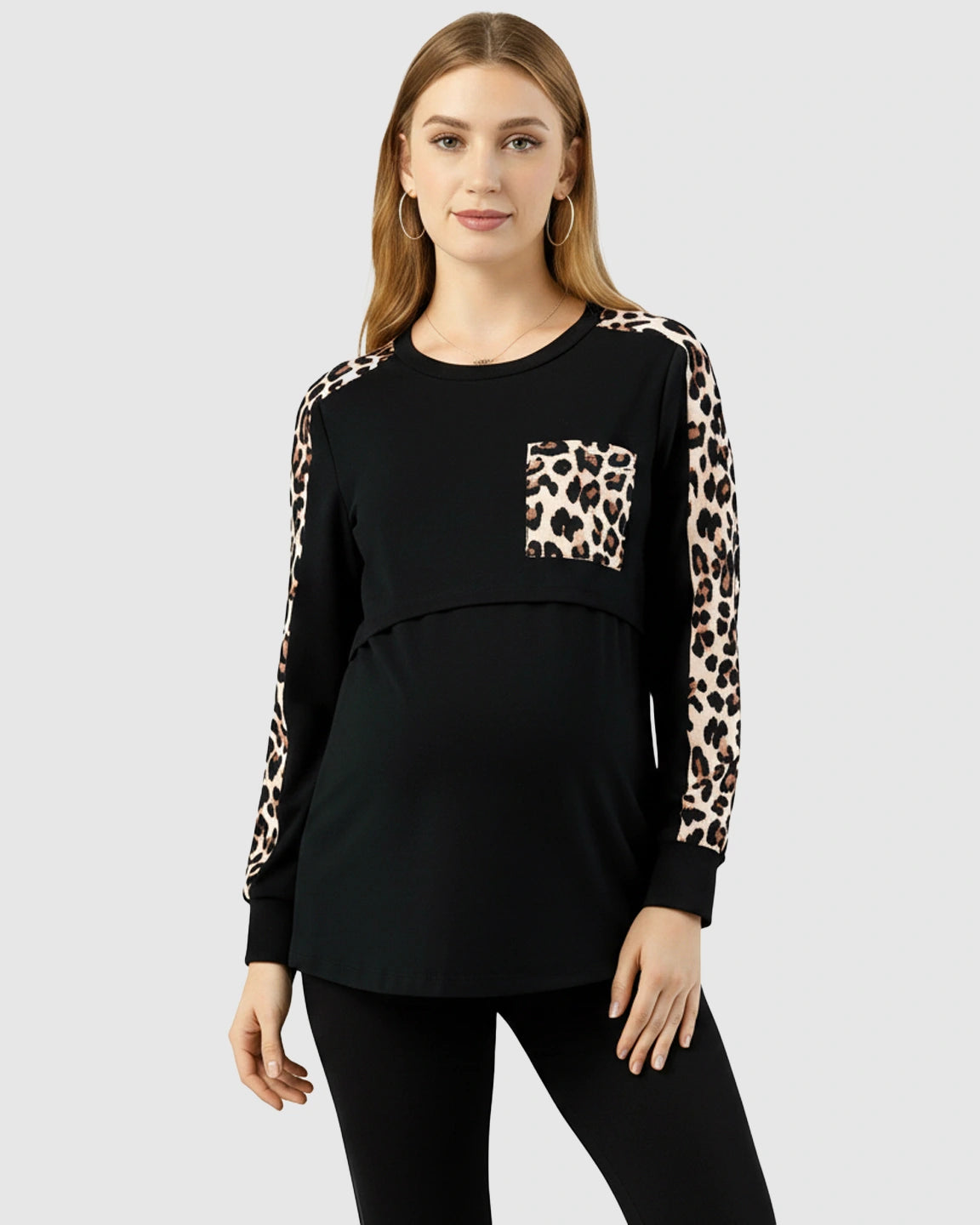 Leopard Pattern Long Sleeve & Pocket Nursing Maternity Top