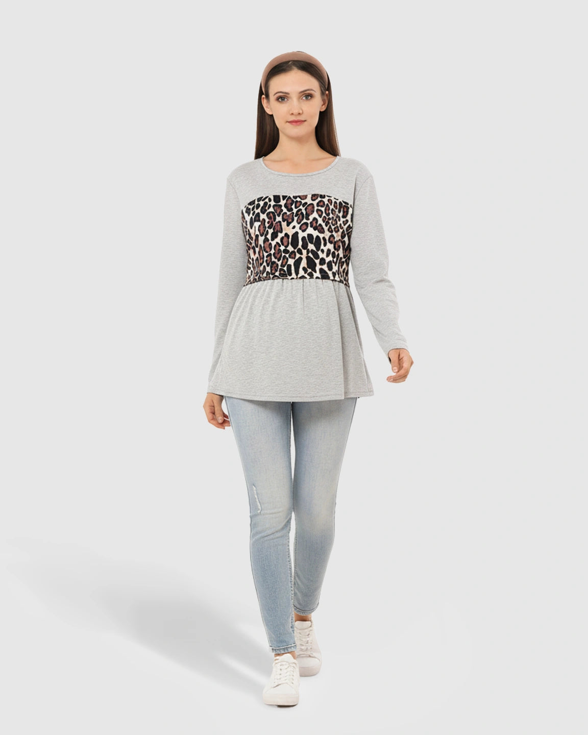 Leopard Panel Long Sleeve Maternity Nursing Top