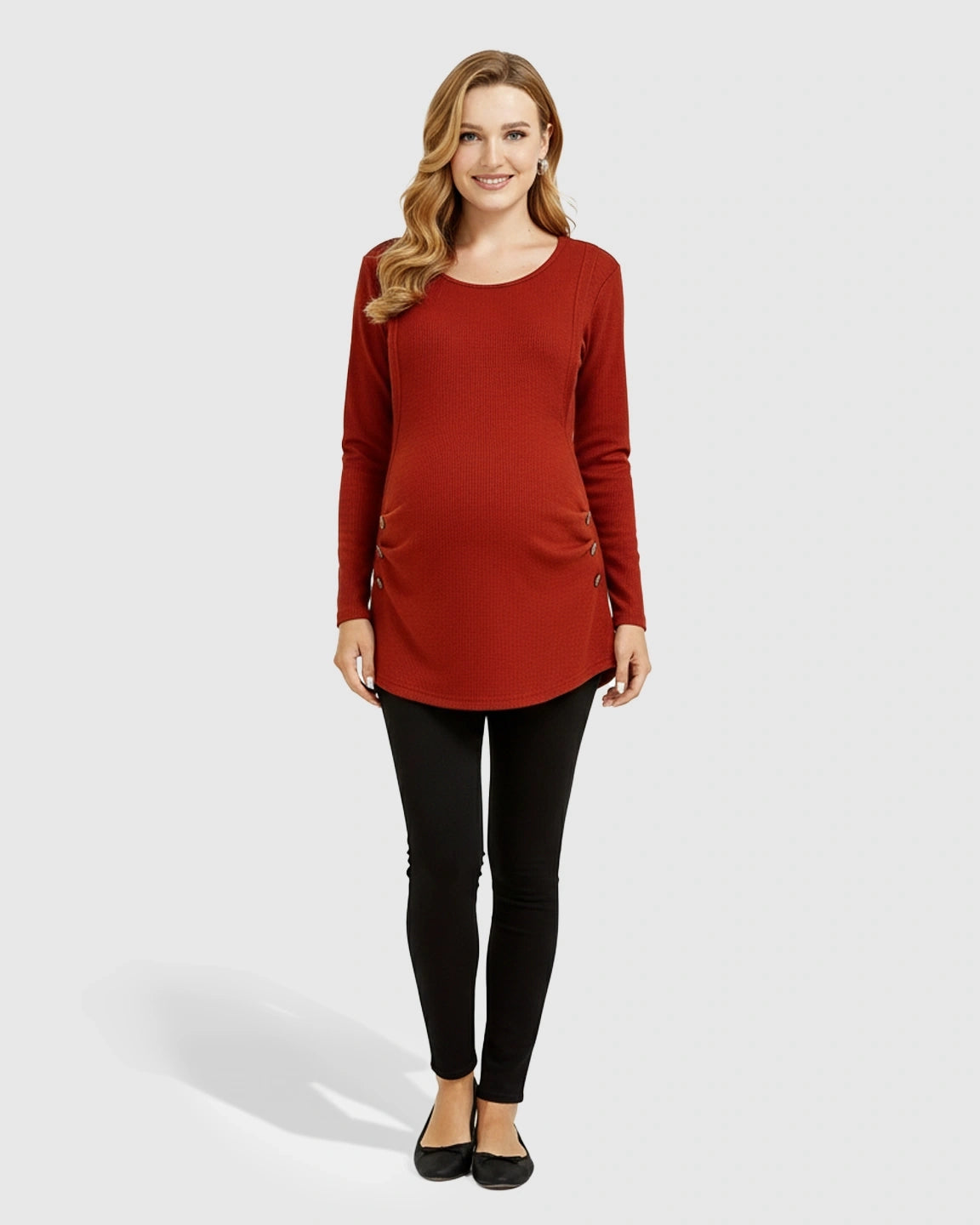Side-Pleated Button Detail Long Sleeve Maternity Nursing Top