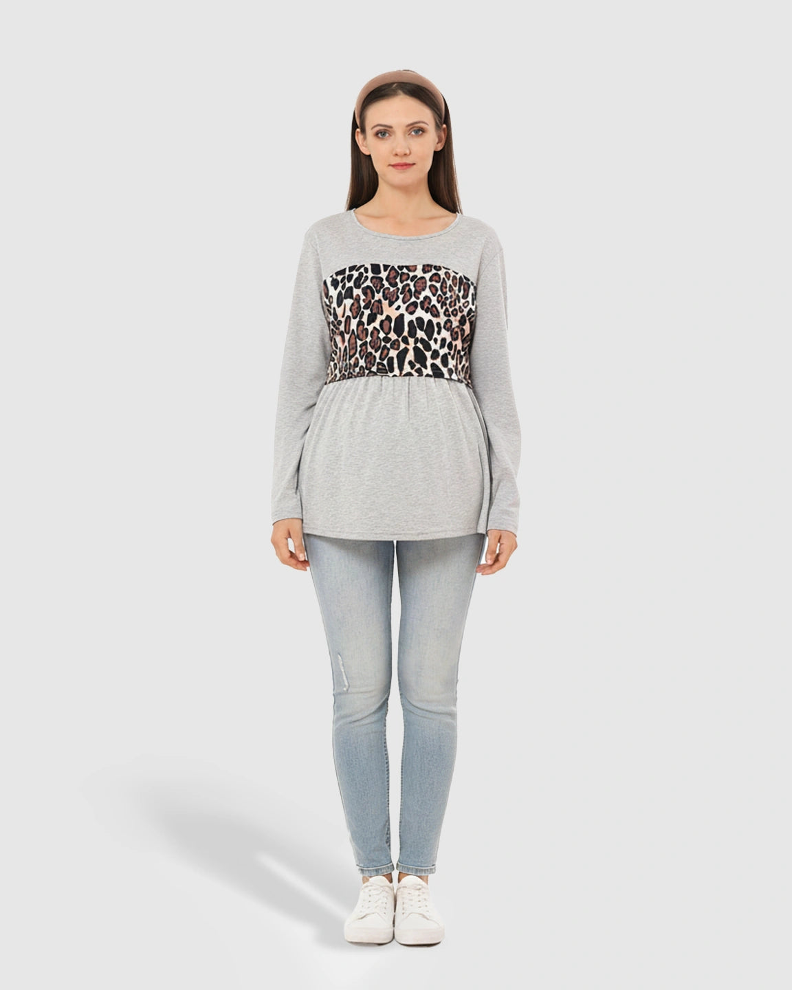 Leopard Panel Long Sleeve Maternity Nursing Top