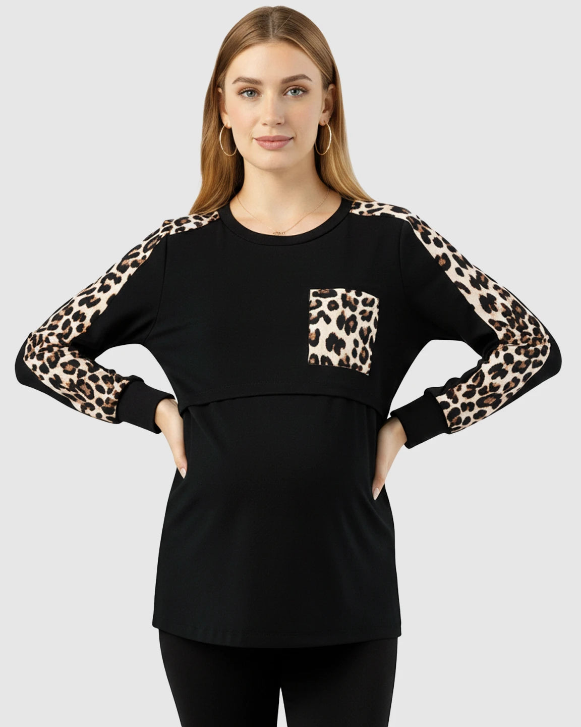 Leopard Pattern Long Sleeve & Pocket Nursing Maternity Top