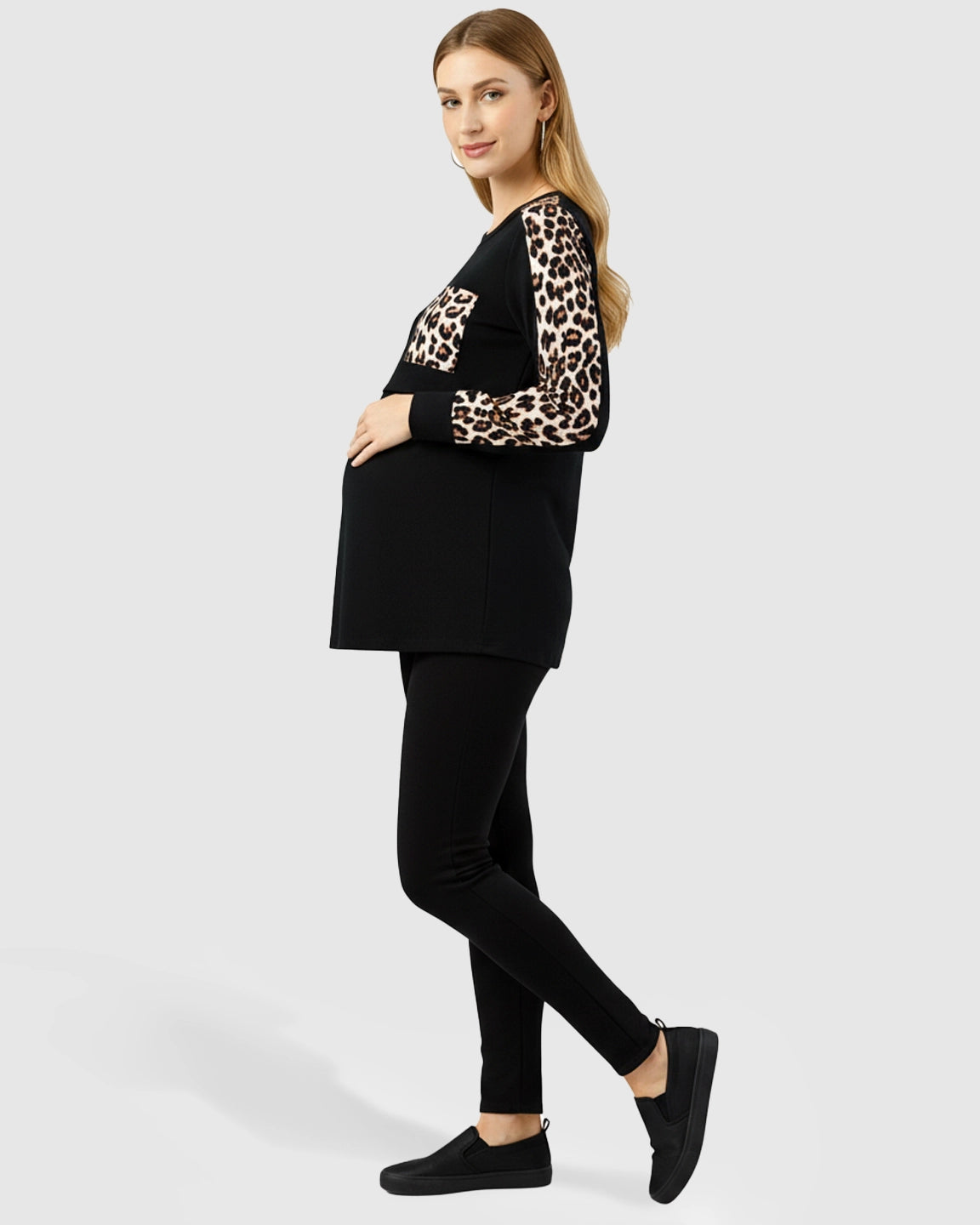 Leopard Pattern Long Sleeve & Pocket Nursing Maternity Top