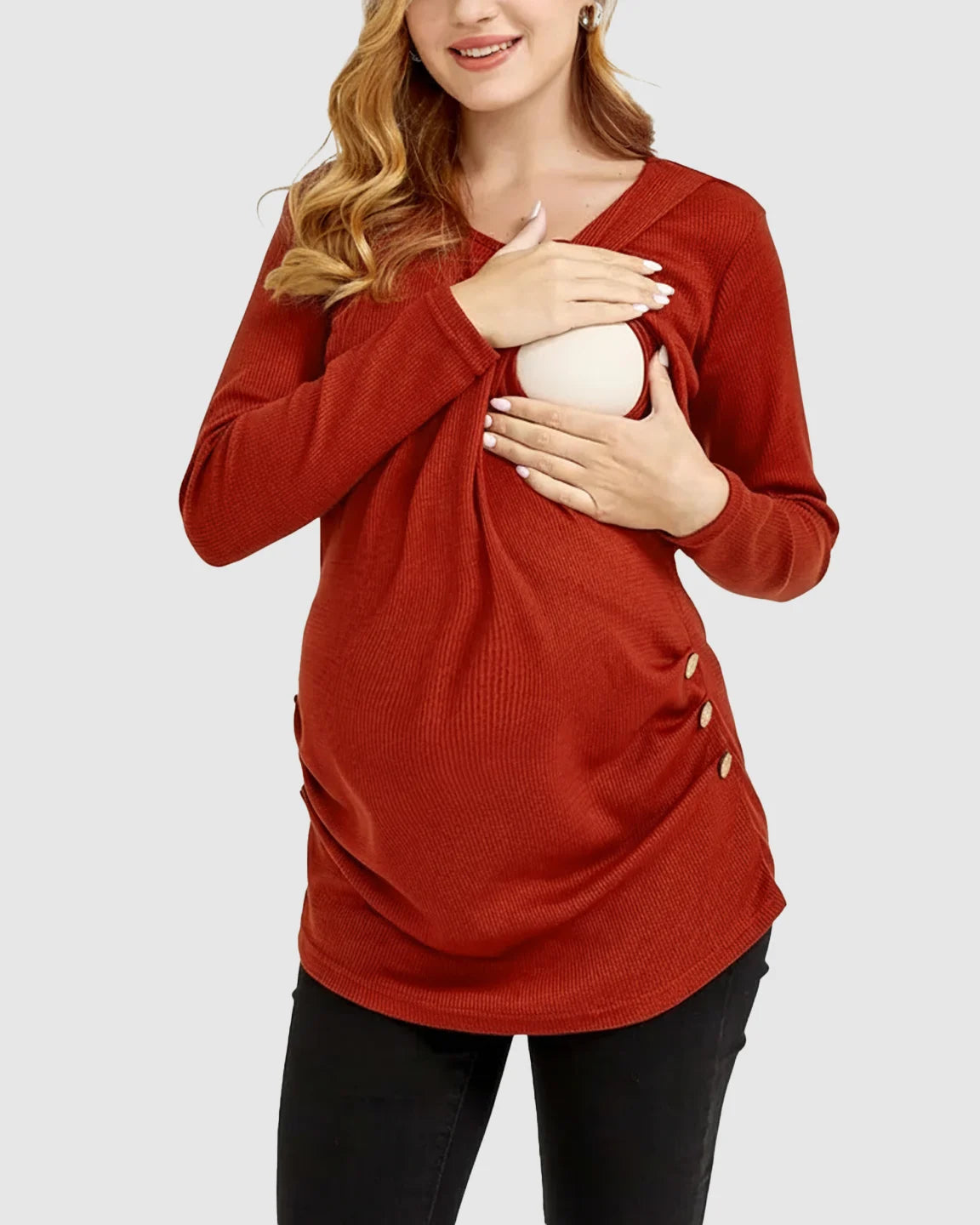 Side-Pleated Button Detail Long Sleeve Maternity Nursing Top