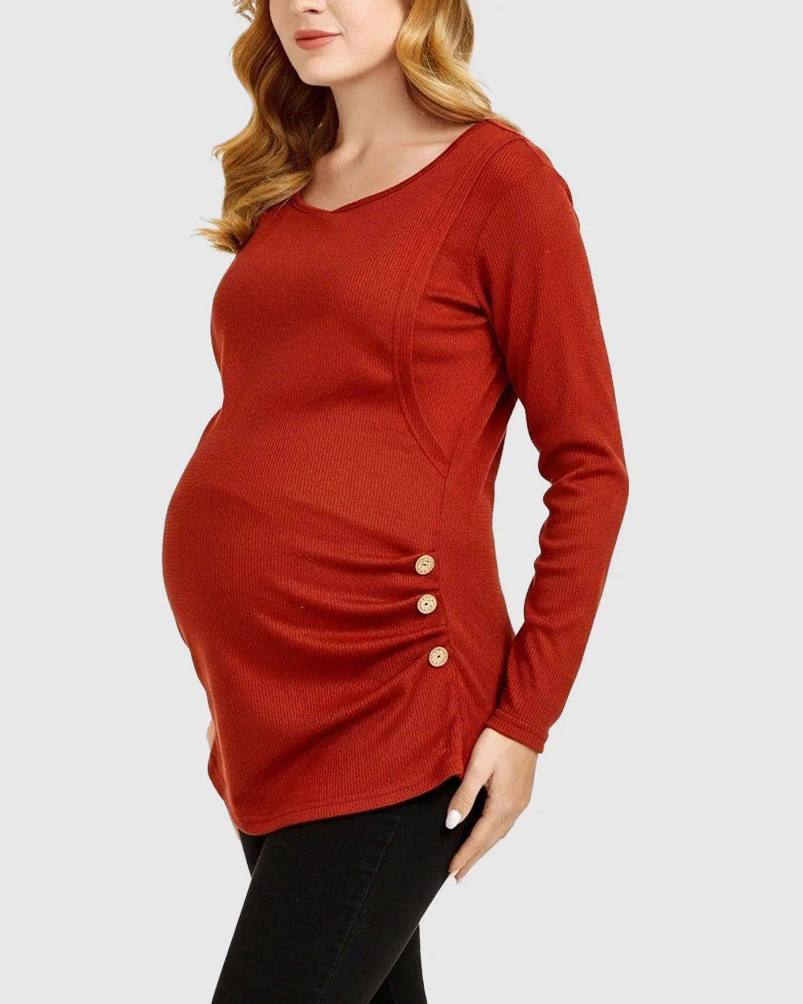 Side-Pleated Button Detail Long Sleeve Maternity Nursing Top