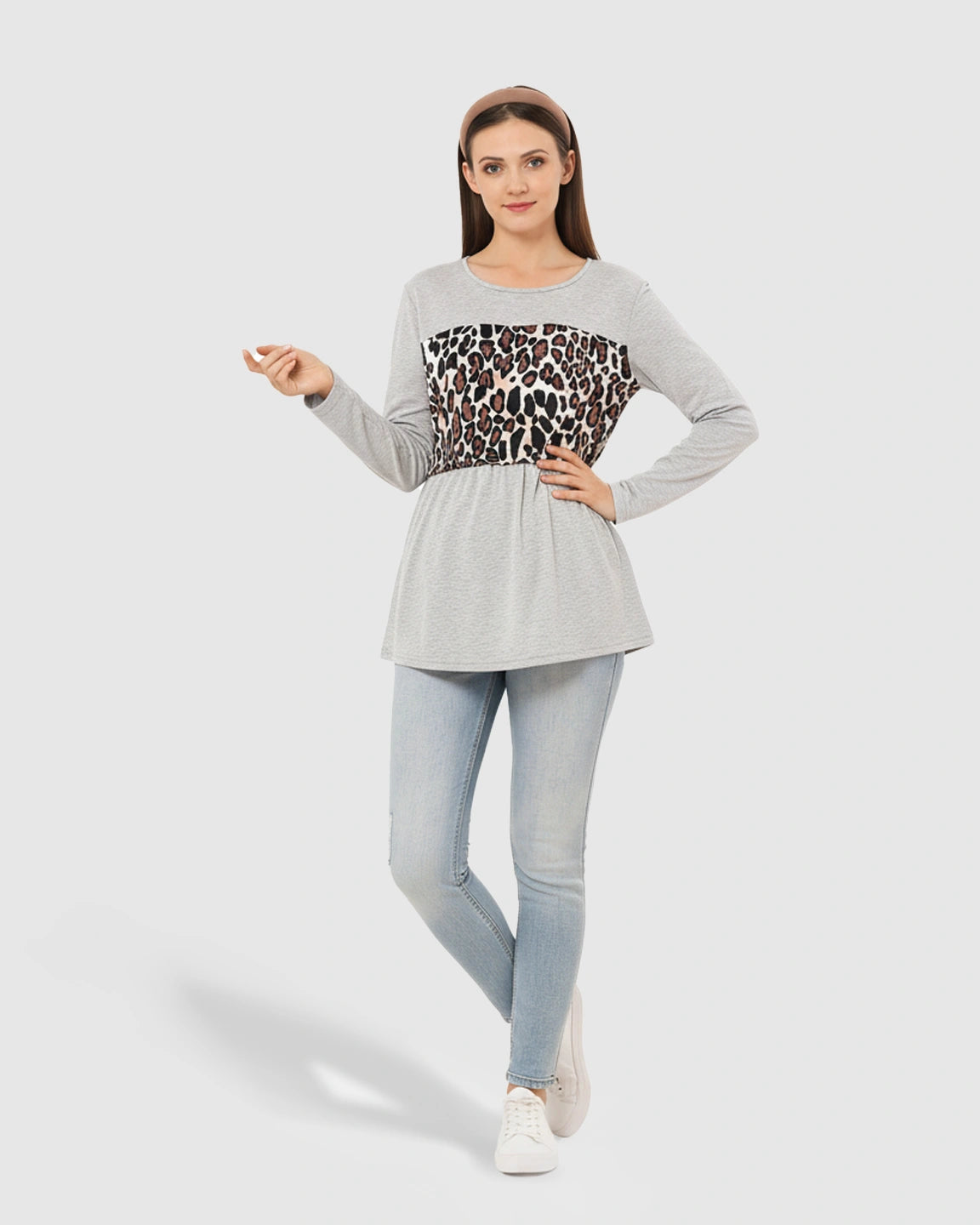 Leopard Panel Long Sleeve Maternity Nursing Top