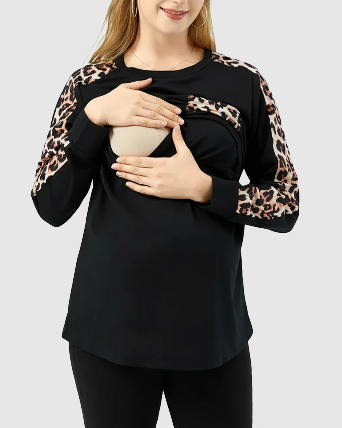 Leopard Pattern Long Sleeve & Pocket Nursing Maternity Top