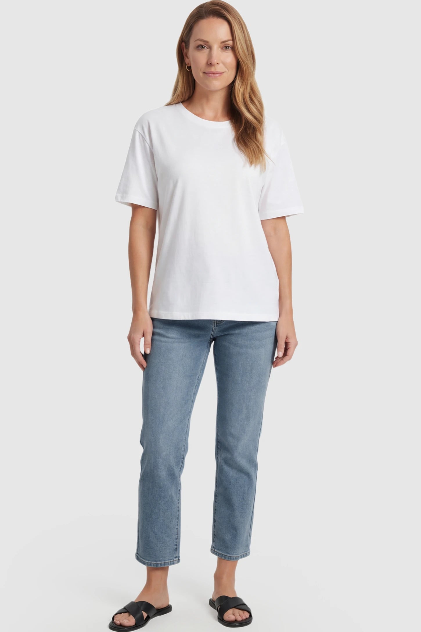 Elastic Full Panel Straight Leg Maternity Jeans Elastic Full Panel Straight Leg Maternity Jeans in Vintage Blue featuring a high-stretch jersey waistband on a postpartum model facing front.