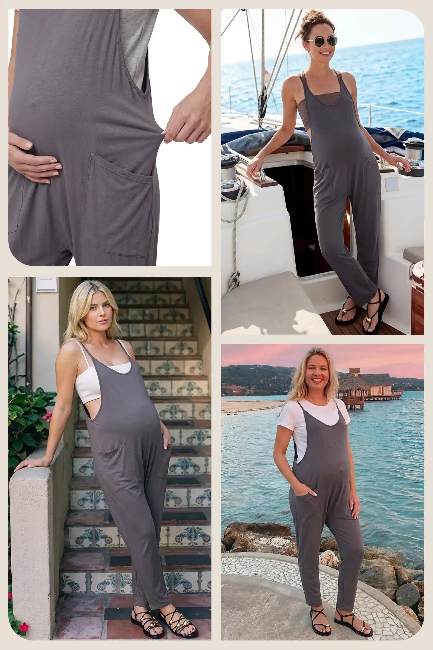 Adjustable Strap Pocketed Relaxed Maternity Jumpsuit Dark gray adjustable strap pocketed relaxed maternity jumpsuit shown in customer-style collage