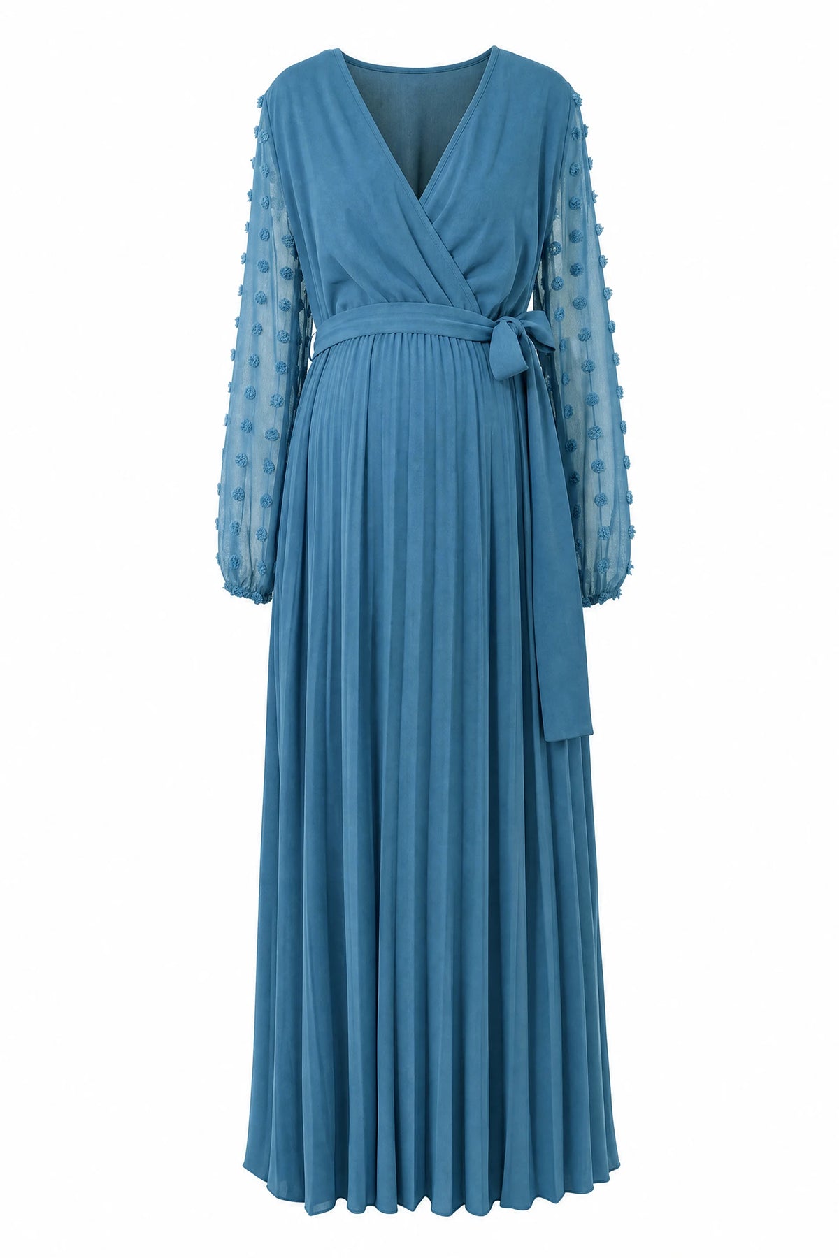 V Neck Mesh Sleeve Pleated Maternity Maxi Dress
