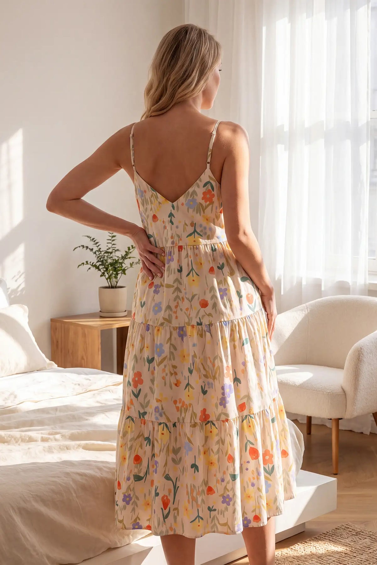 Adjustable Strap Lace-Trim Floral Maternity Sleep Dress