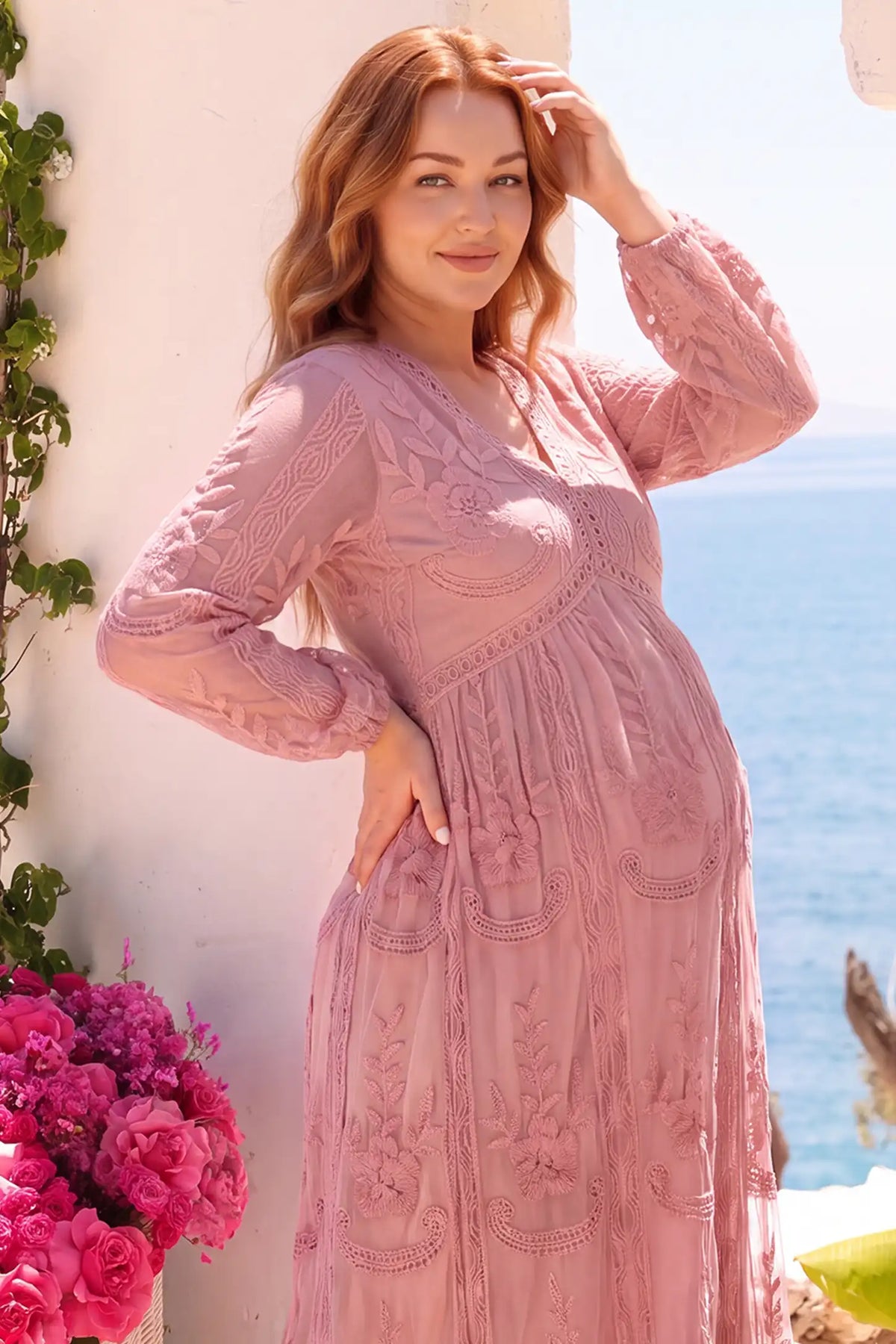 V-Neck Long Sleeve Lace Maternity Dress