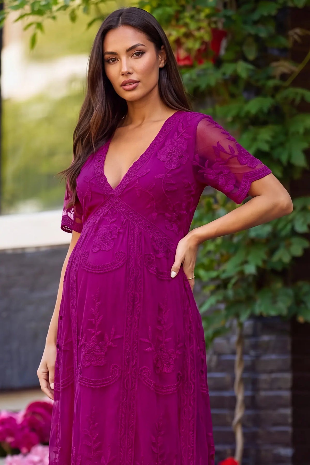 Lace Short Sheer Sleeve Maternity Maxi Dress