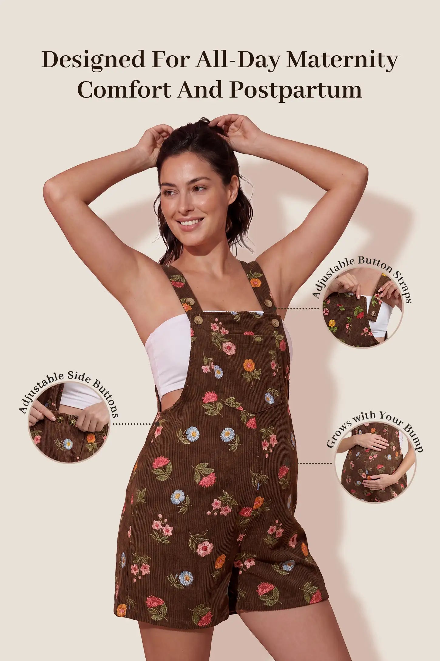 Adjustable Waist Front Pocket Maternity Short Overalls