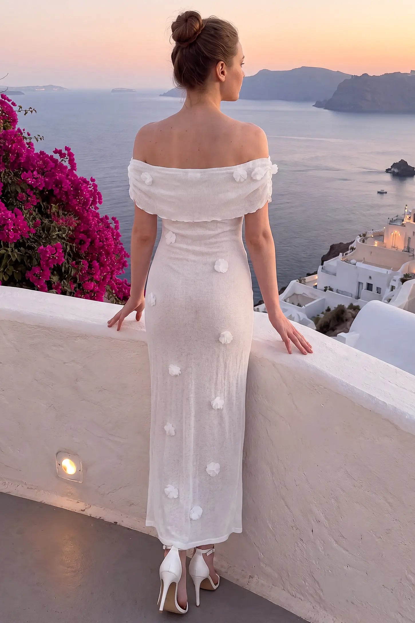 3D Floral Off-Shoulder Maternity Dress 3D Floral Off-Shoulder Maternity Dress in Pure White with elegant cut, front view on a non pregnant model.