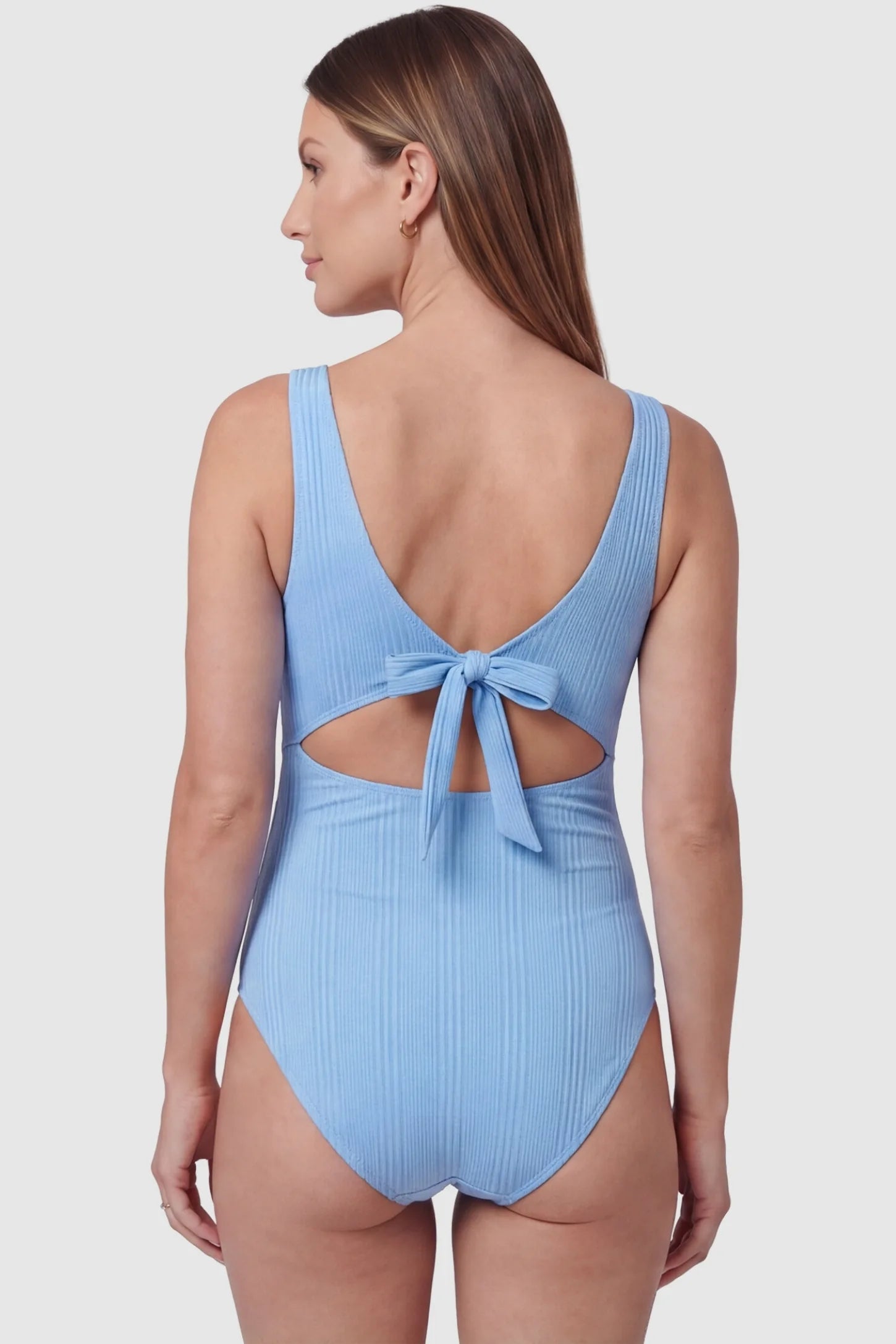 Cutout V-Neck Maternity Swimsuit Cutout V-Neck Maternity Swimsuit in Sky Blue featuring a back view of the adjustable back tie on a pregnant model.