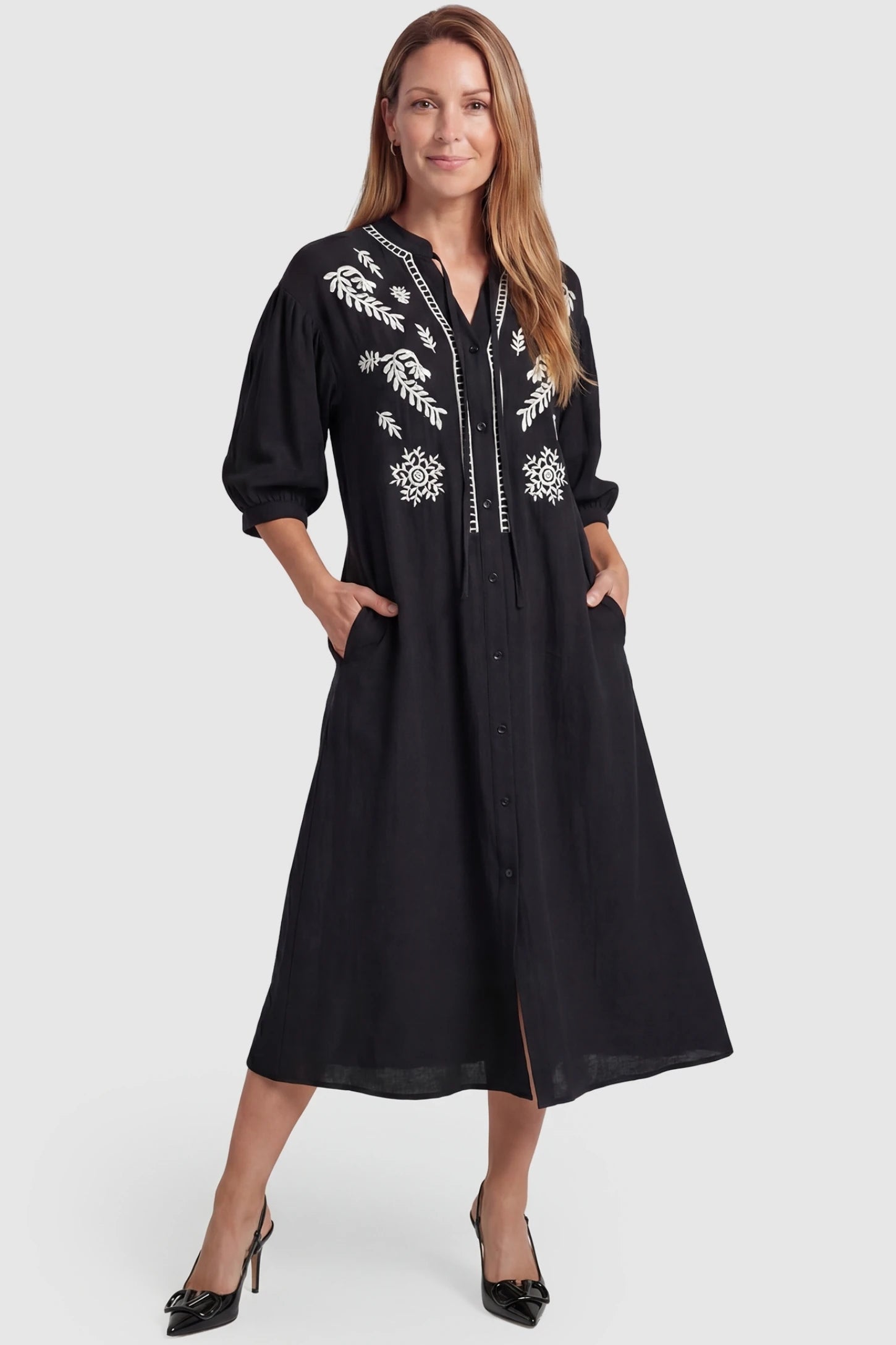 Embroidered Notched Half Sleeve Maternity Midi Dress Embroidered Notched Half Sleeve Maternity Midi Dress in Black featuring a button-down front on a postpartum model.