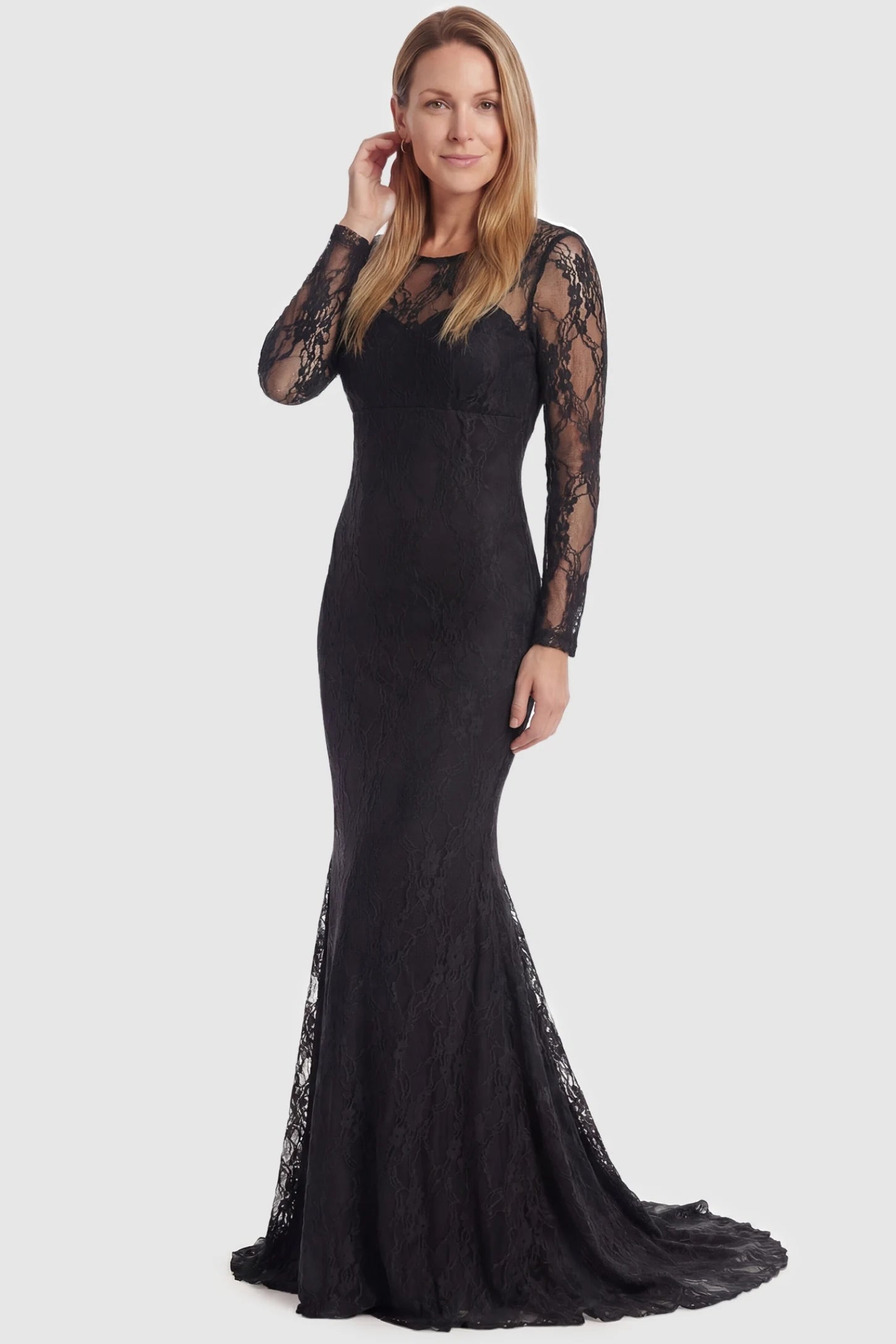 Floral Lace Long Sleeve Trumpet Maternity Photoshoot Gown Floral Lace Long Sleeve Trumpet Maternity Photoshoot Gown in Black featuring a floor-length train on a postpartum model.