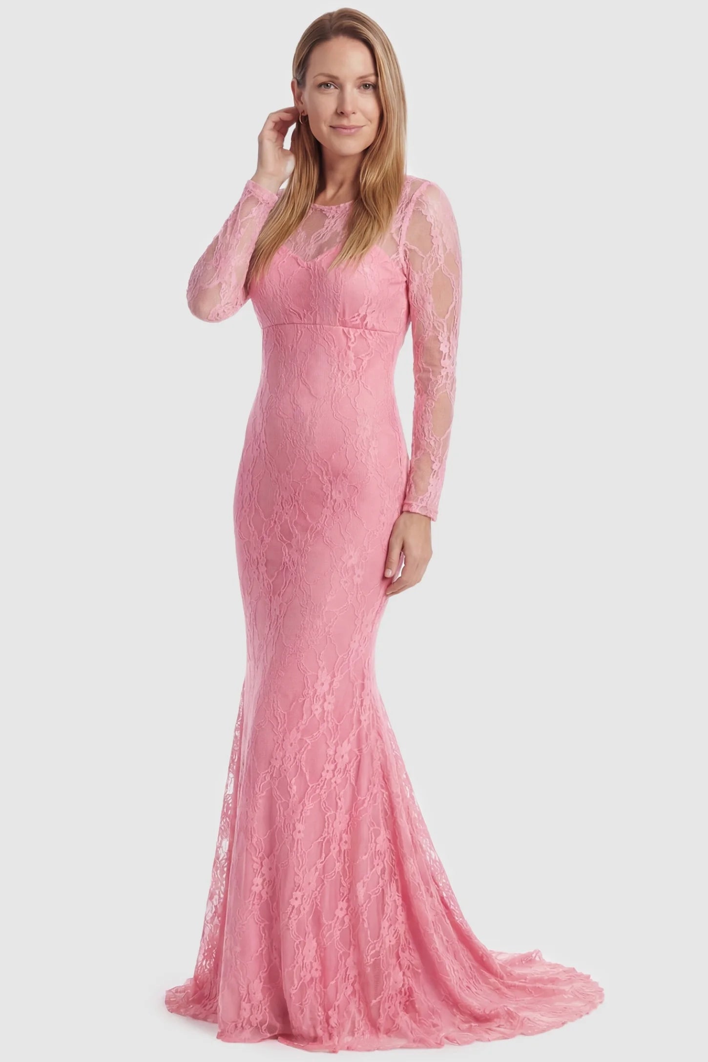 Floral Lace Long Sleeve Trumpet Maternity Photoshoot Gown Floral Lace Long Sleeve Trumpet Maternity Photoshoot Gown in Pink featuring intricate floral patterns on a postpartum model.